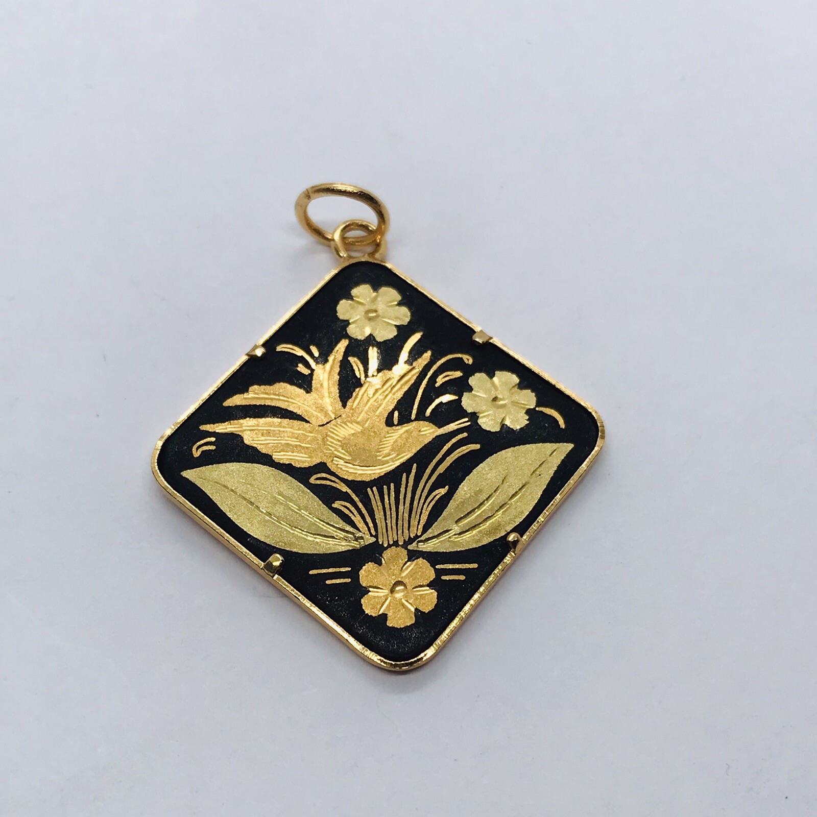 DAMASCENE SPAIN BIRD DOVE FLOWERS LEAVES FINE JEWELRY PENDANT