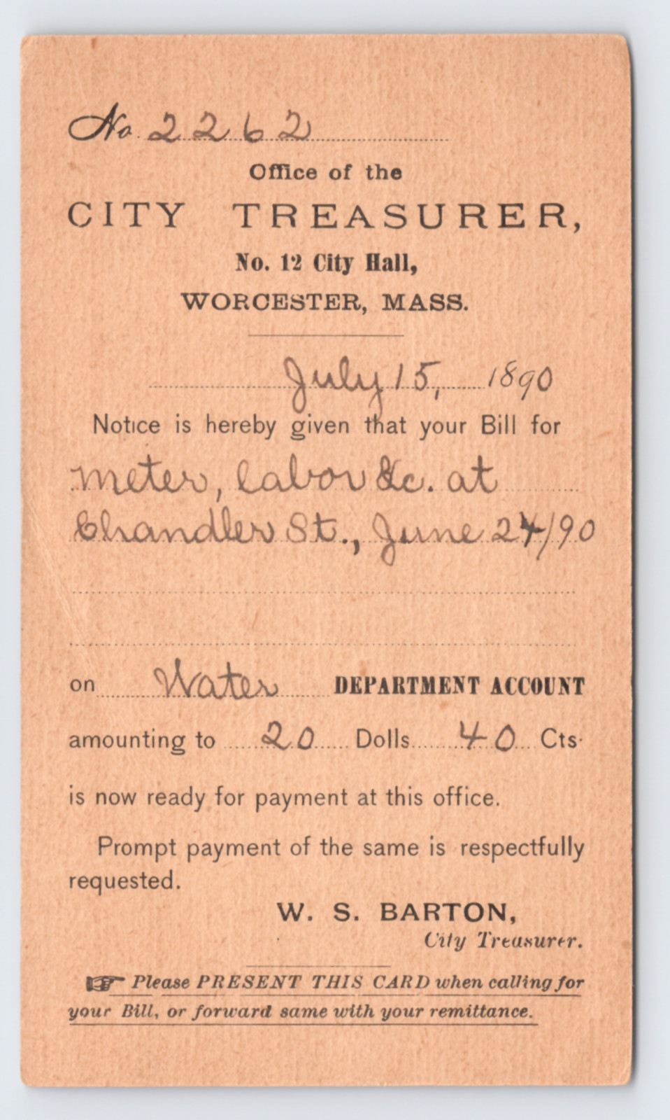 1890 Worcester MA City Treasurer Water Dept Bill Notice Postal Card W.S. Barton 1890 Worcester MA City Treasurer Water Dept Bill Notice Postal Card W.S. Barton