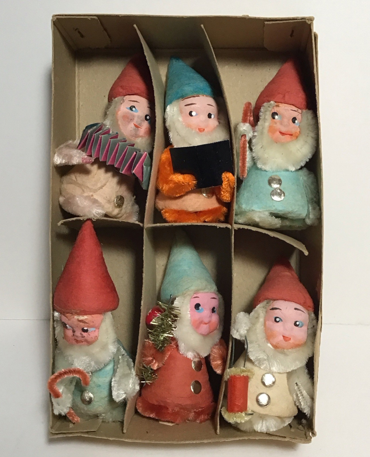 6 Vtg Putz Spun Cotton Chenille Gnomes Elves Paper Mache w/Box Japan 6 Vtg Putz Spun Cotton Chenille Gnomes Elves Paper Mache w/Box Japan