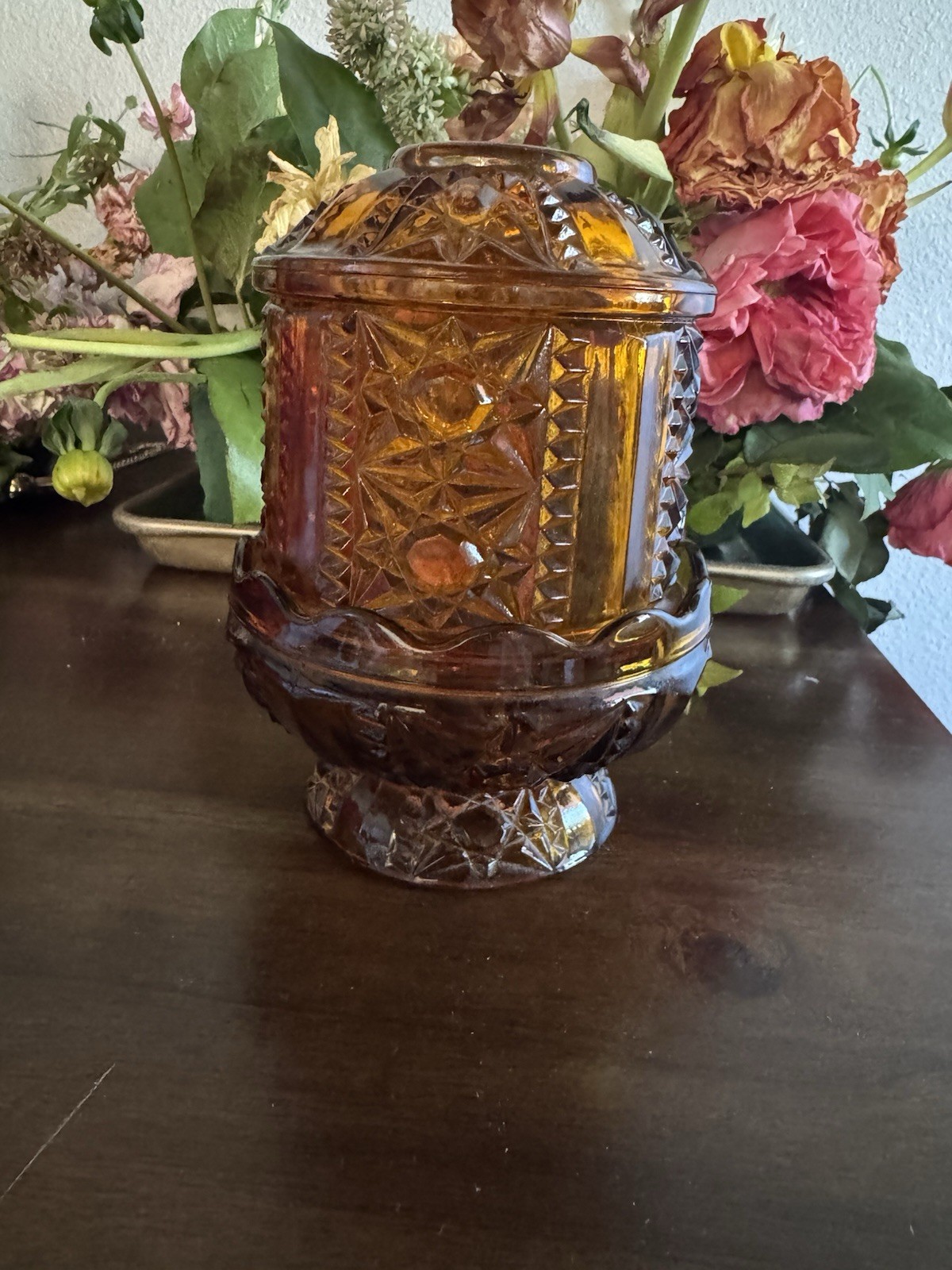 Vintage MCM Amber Indiana Glass Bars and Stars Fairy Lamp 2 pc Vintage MCM Amber Indiana Glass Bars and Stars Fairy Lamp 2 pc