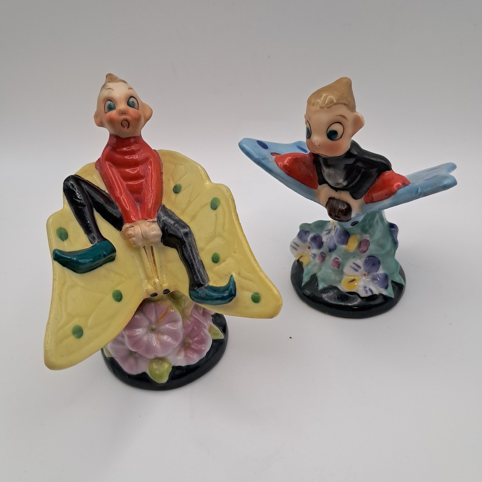 Kitschy Anthropomorphic Big Eyed Elf Pixie Riding Butterfly Figurines Japan Vtg Kitschy Anthropomorphic Big Eyed Elf Pixie Riding Butterfly Figurines Japan Vtg