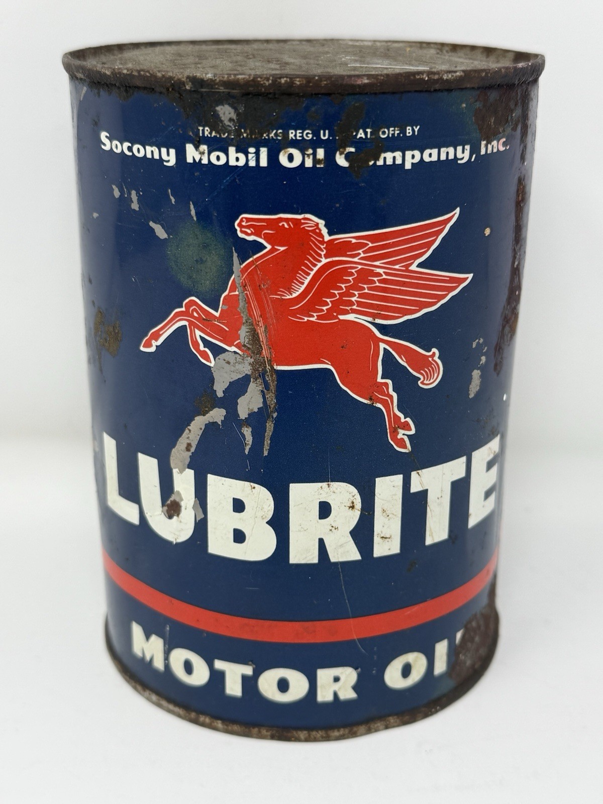 Vintage Socony Mobiloil Lubrite Pegasus 1 One Quart Metal Motor Oil Can FULL