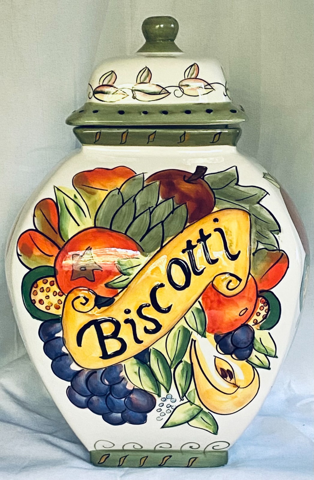 VINTAGE BISCOTTI COOKIE JAR HANDMADE for NONNI\'S DECORATIVE FRUIT 12 1/4\ VINTAGE BISCOTTI COOKIE JAR HANDMADE for NONNI\'S DECORATIVE FRUIT 12 1/4\
