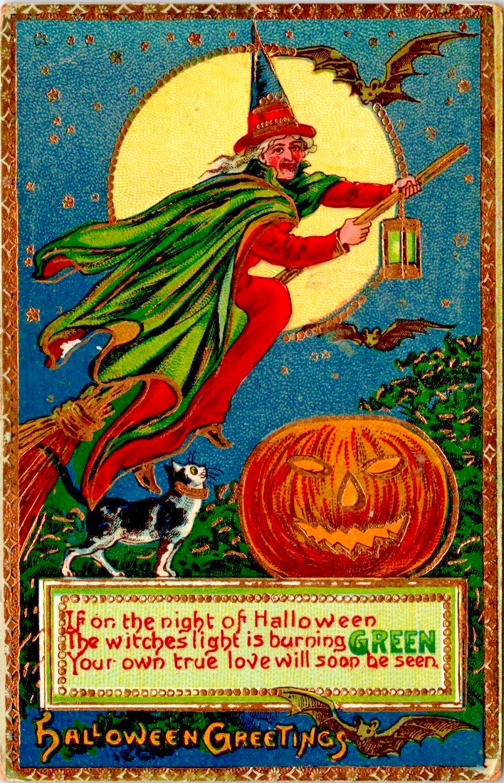 Antique Halloween Postcard Witch Broomstick Light Burning Green JOL Gel c1910 Antique Halloween Postcard Witch Broomstick Light Burning Green JOL Gel c1910