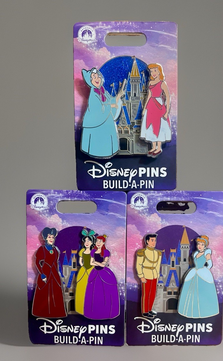 Disney Build-A-Pin Cinderella Glitter FULL SET  (3 Cards) NEW CARDED