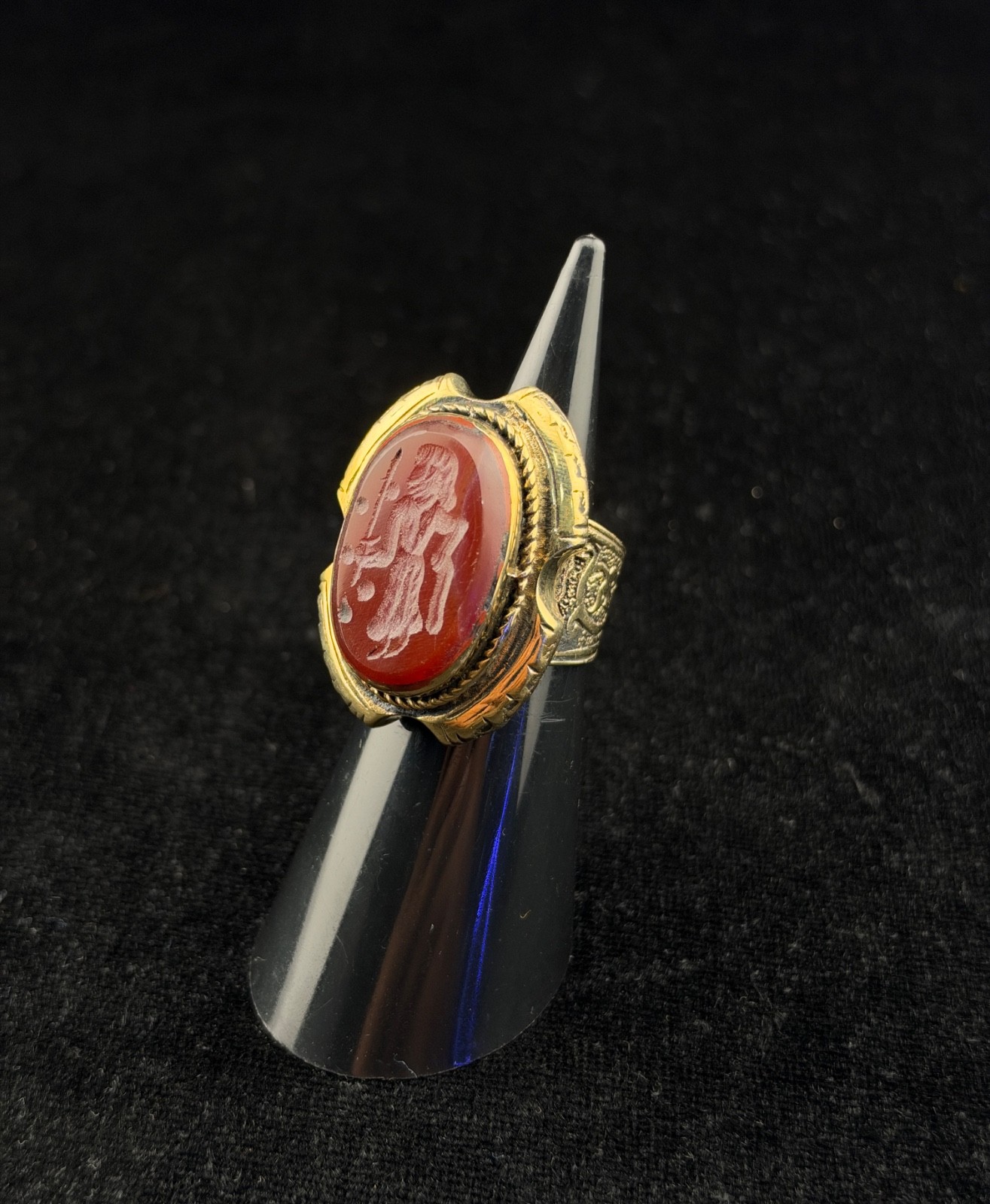 Unique Roman Brass Gold Plated Ring With Intaglio King Carnelian Stone