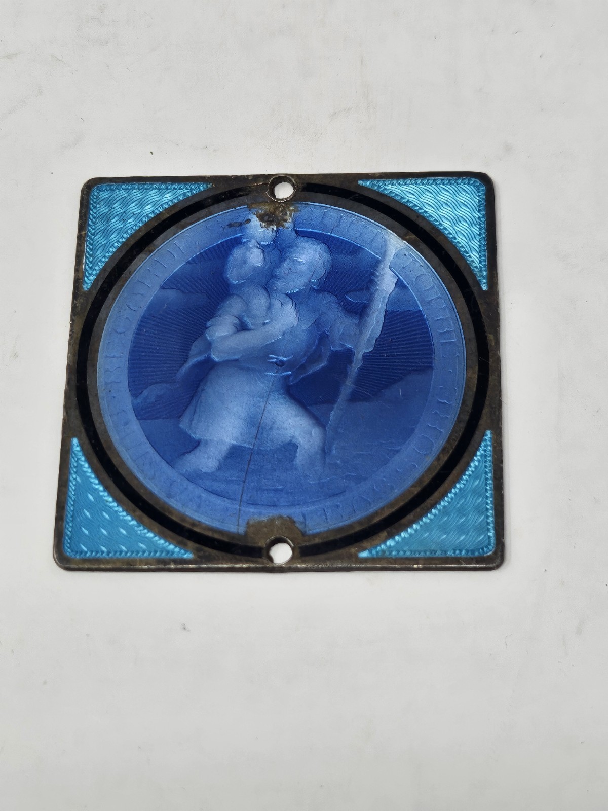 Antique Art Deco St Christopher Blue Guilloche Enamel Auto Car Dashboard Plaque
