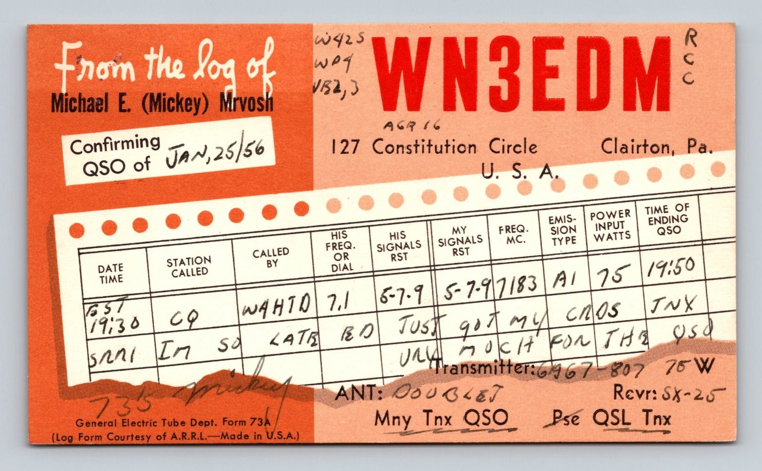 Ham Radio QSL/QSO WN3EDM WAHTO Clairton, PA 1956 SX-28 A.R.R.L. Vintage