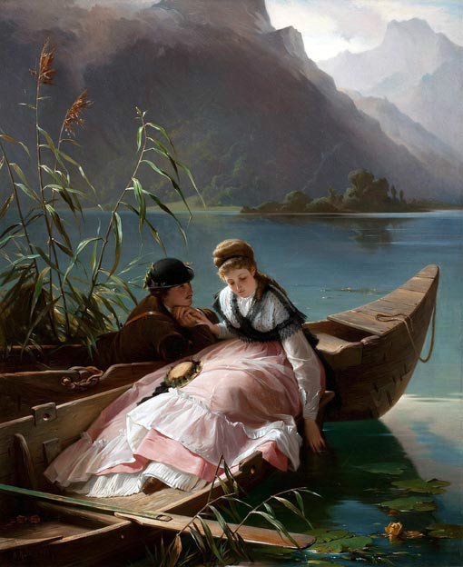 Oil painting Arthur Georg von Ramberg young lovers on canoes by lake landscape