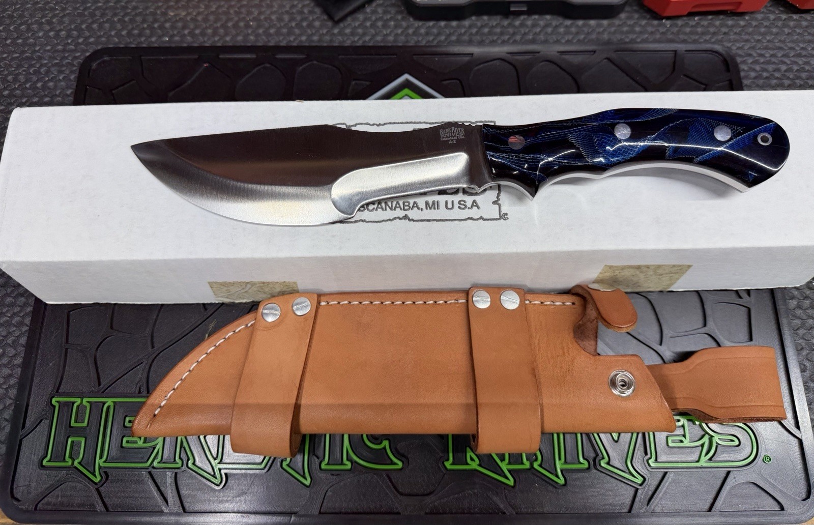 Bark River Knives Trakker Blue Cyclone Mesh Handle - A2 Fixed Blade w/ Sheath Bark River Knives Trakker Blue Cyclone Mesh Handle - A2 Fixed Blade w/ Sheath