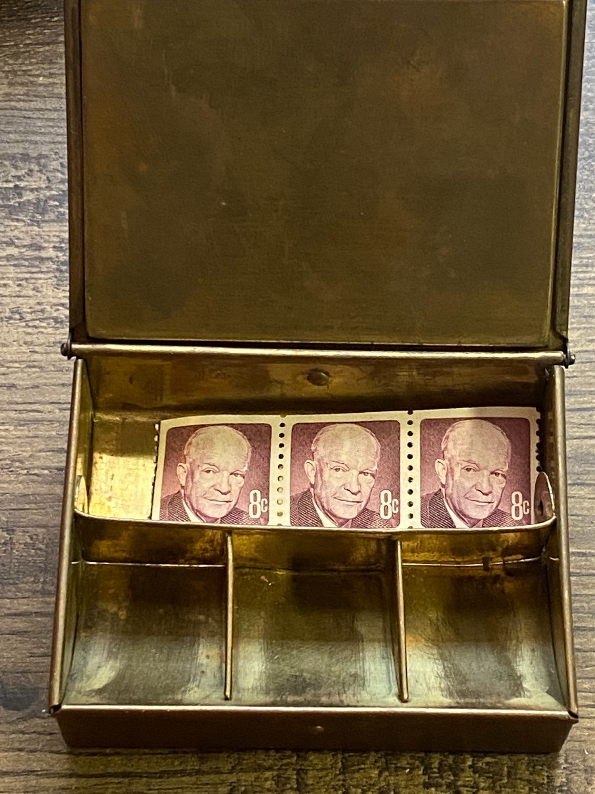 Vintage Antique Brass Stamp Box - Czechoslovakia w/Eisenhower 8 Cent Stamps Vintage Antique Brass Stamp Box - Czechoslovakia w/Eisenhower 8 Cent Stamps