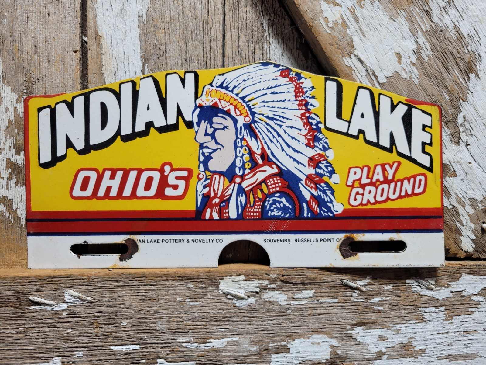 VINTAGE INDIAN LAKE PORCELAIN SIGN RARE OLD OHIO CAMPGROUND TAG TOPPER CABIN 