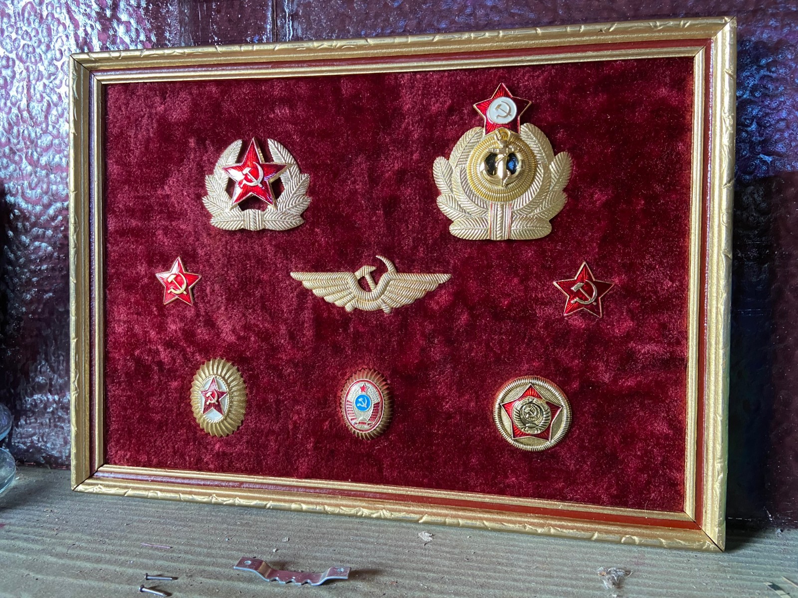 Soviet emblem framed display vintage Cold War memorabilia USSR military hat pins Soviet emblem framed display vintage Cold War memorabilia USSR military hat pins