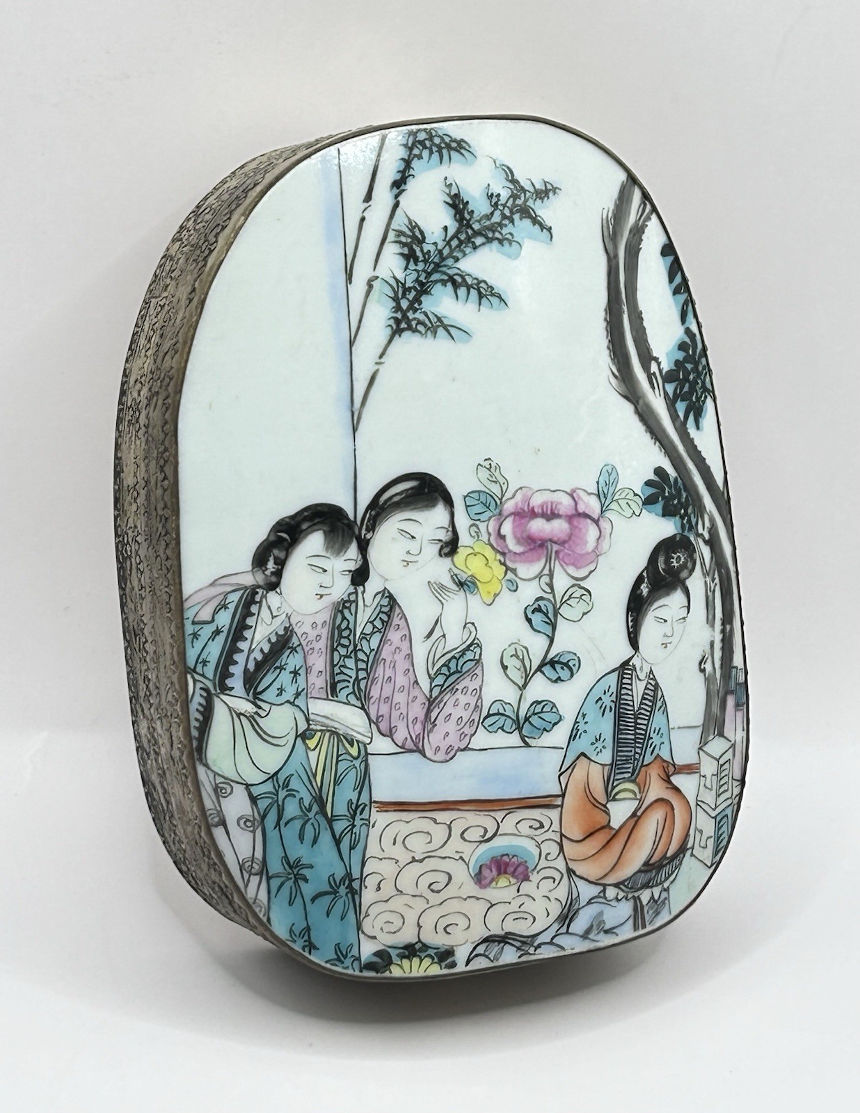 Vtg Chinese Shard Trinket BOX Porcelain Silver Plate Women Peony Trees 4.5 x 6\ Vtg Chinese Shard Trinket BOX Porcelain Silver Plate Women Peony Trees 4.5 x 6\