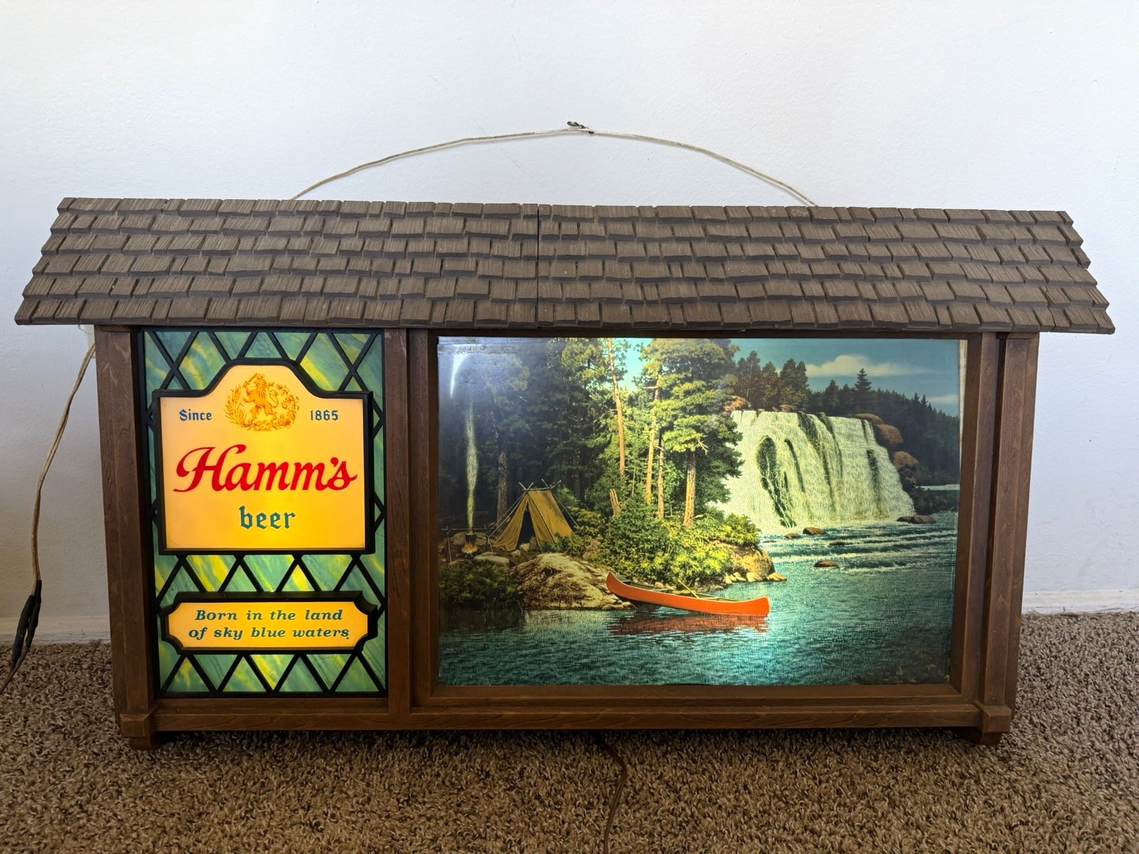 Vintage 1960s Hamm’s Beer Scene-O-Rama Waterfall Canoe Lighted Motion Sign Vintage 1960s Hamm’s Beer Scene-O-Rama Waterfall Canoe Lighted Motion Sign
