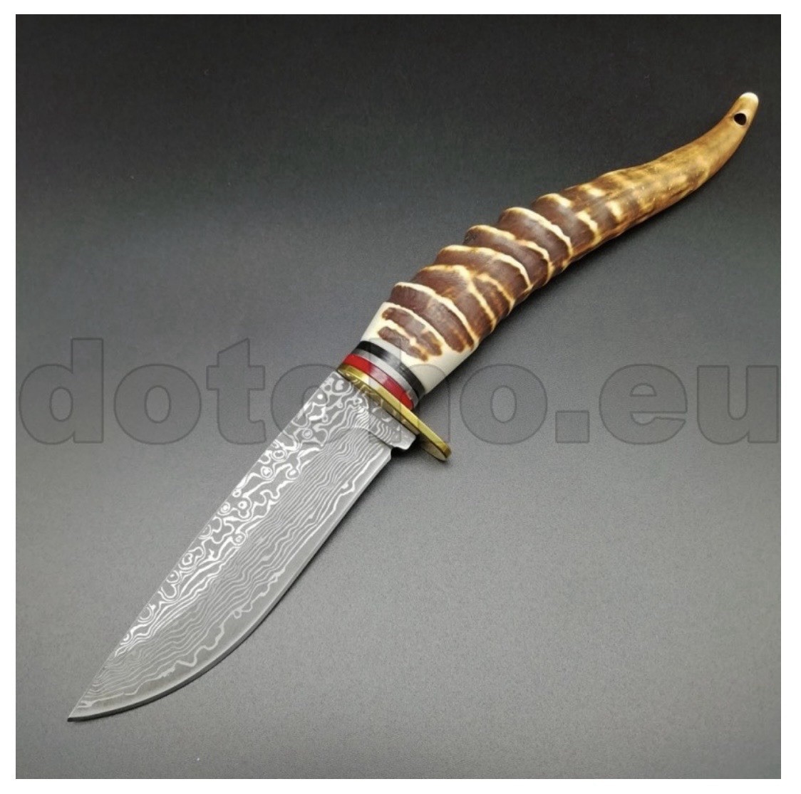 Handcrafted Damascus Steel Hunting Knife - Curved Horn Antler Handle Skinning