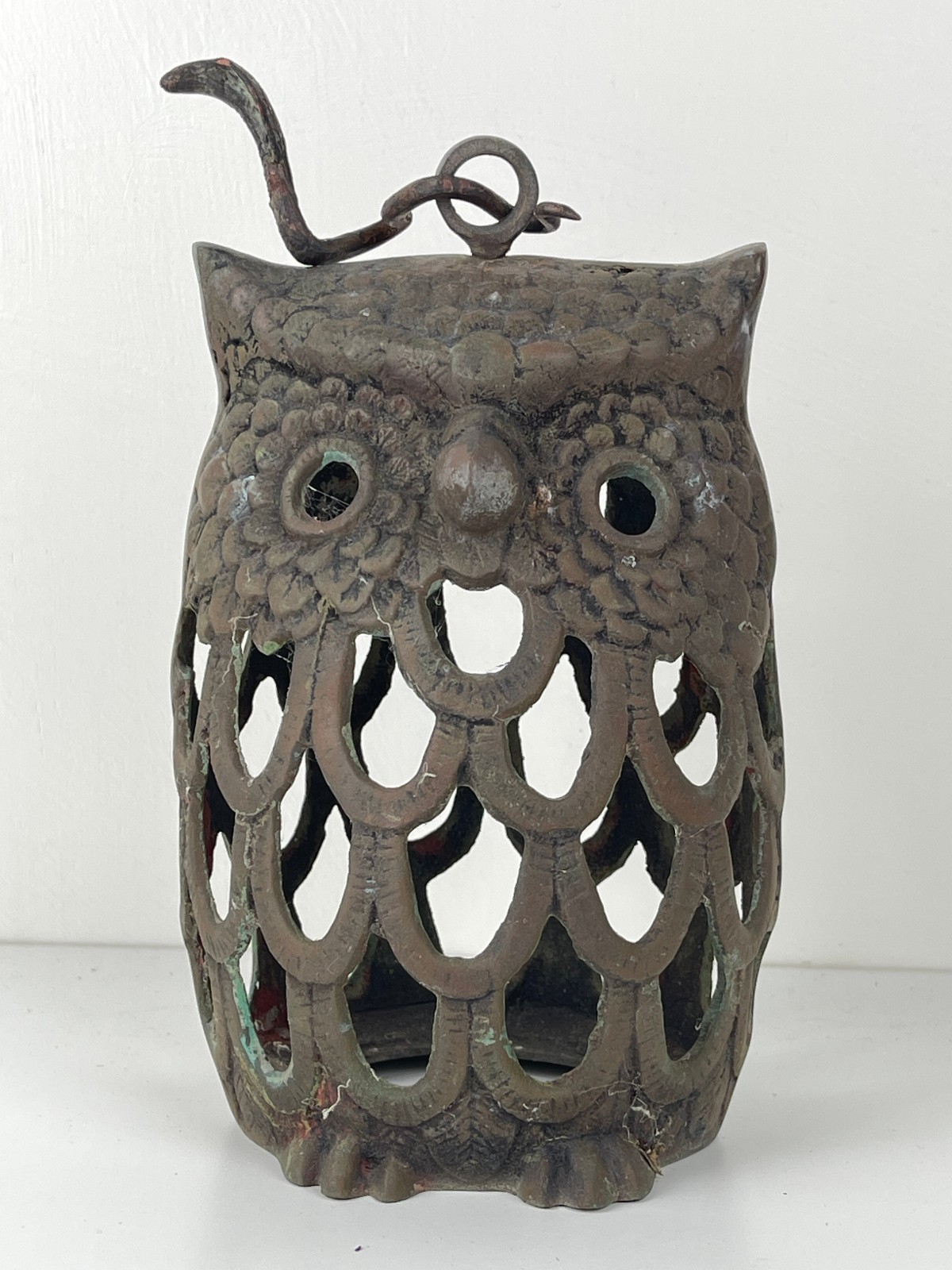 Vintage Hand-Cast Bronze Japanese Owl Lantern With Unusual Snake Hanger Vintage Hand-Cast Bronze Japanese Owl Lantern With Unusual Snake Hanger
