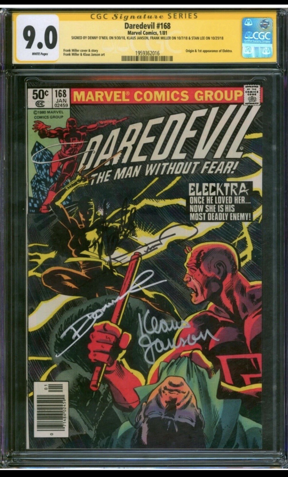 Daredevil 168 1981 CGC 9.0 Newsstand 4X Signed Stan Lee Frank Miller 1st Elektra Daredevil 168 1981 CGC 9.0 Newsstand 4X Signed Stan Lee Frank Miller 1st Elektra