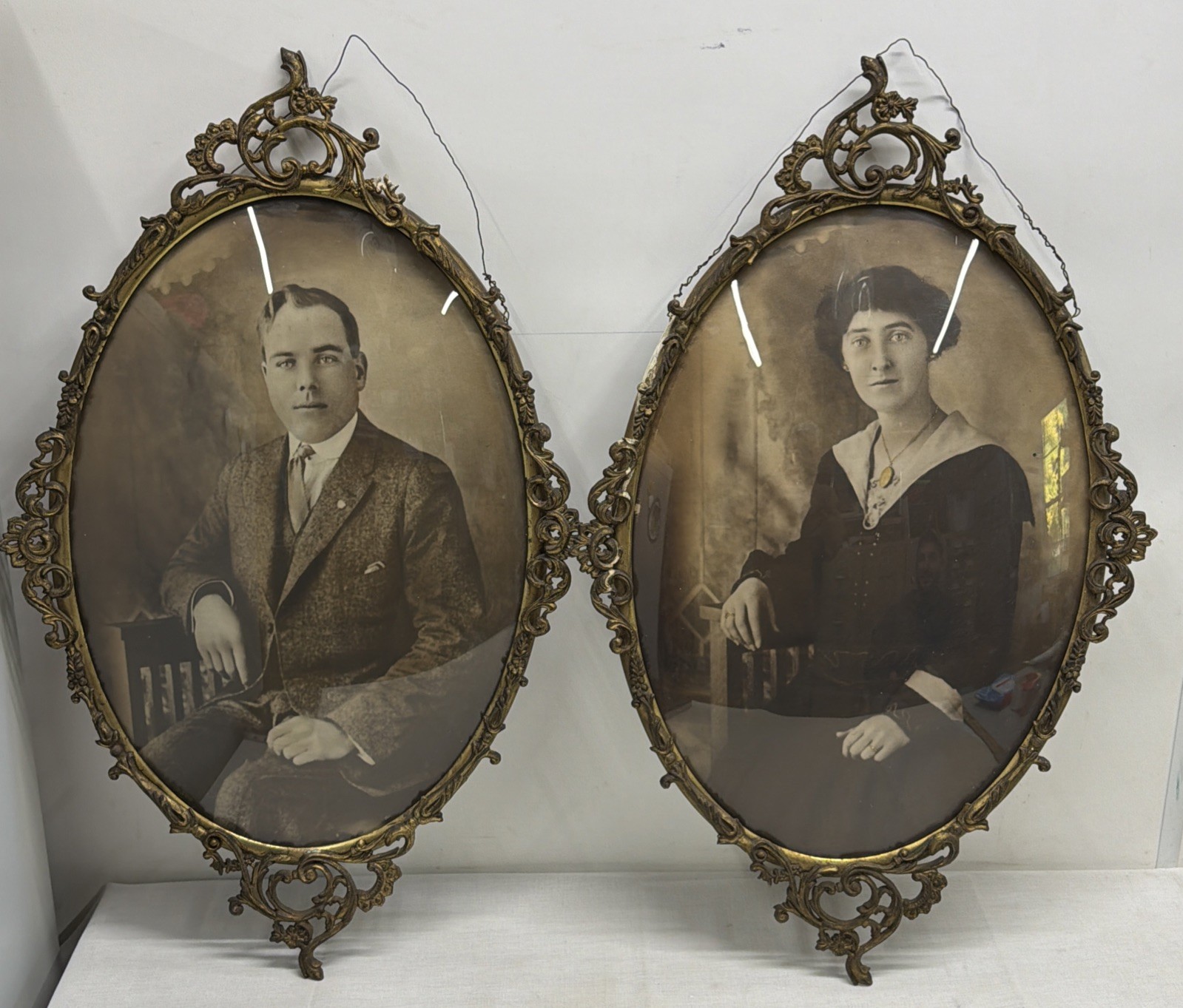Antique Victorian Ornate Brass Bubble Glass Oval Picture Frames HTF Matching Set Antique Victorian Ornate Brass Bubble Glass Oval Picture Frames HTF Matching Set