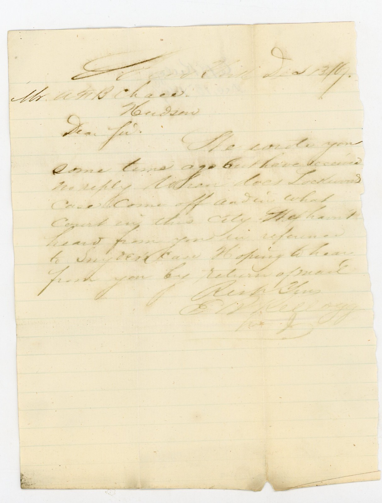 Signed Letter E B Kellogg Hudson NY 1872 Handwritten A Frank B Chase New York Signed Letter E B Kellogg Hudson NY 1872 Handwritten A Frank B Chase New York