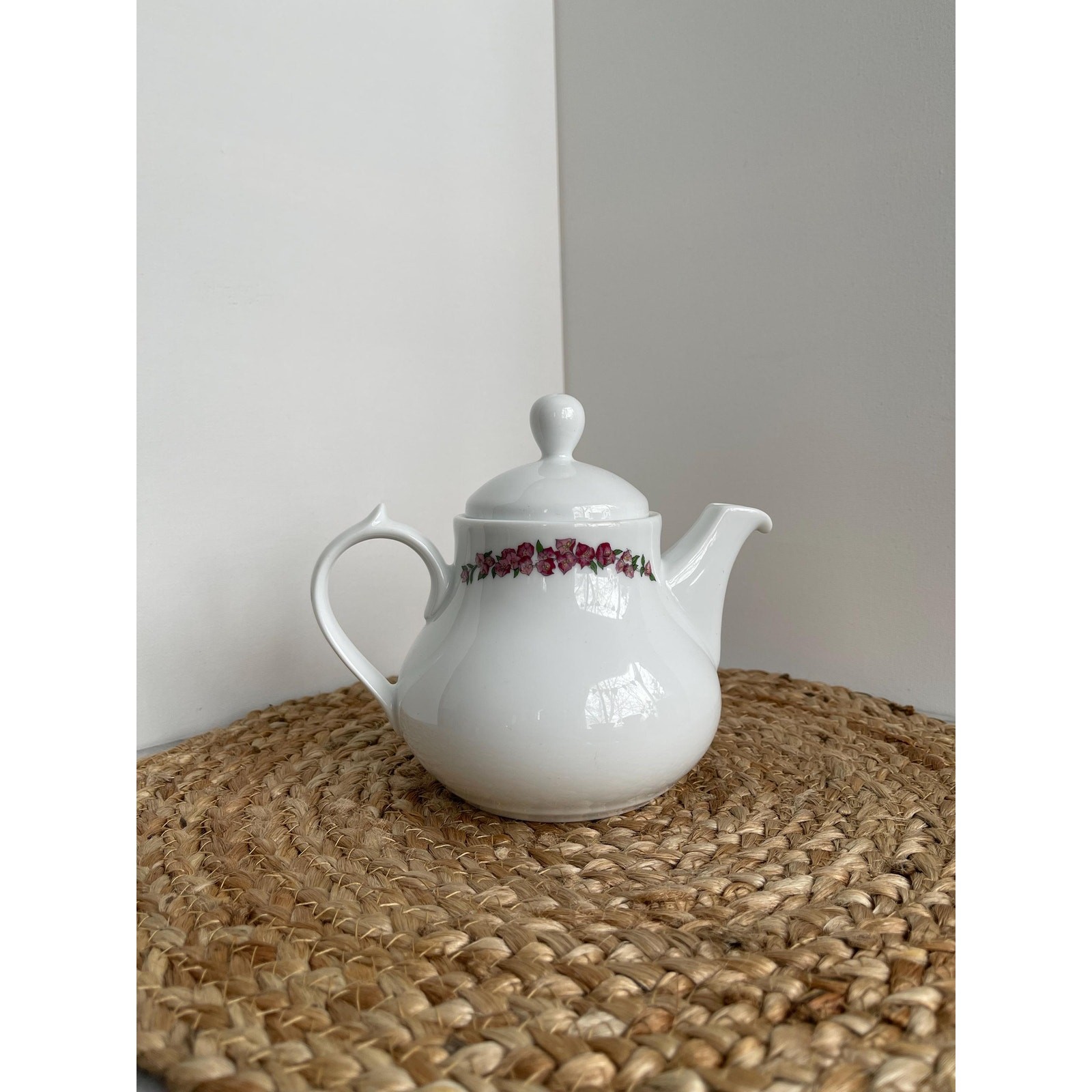 French individual teapot from Bernardaud, pink flowers, vintage 6-in., EUC