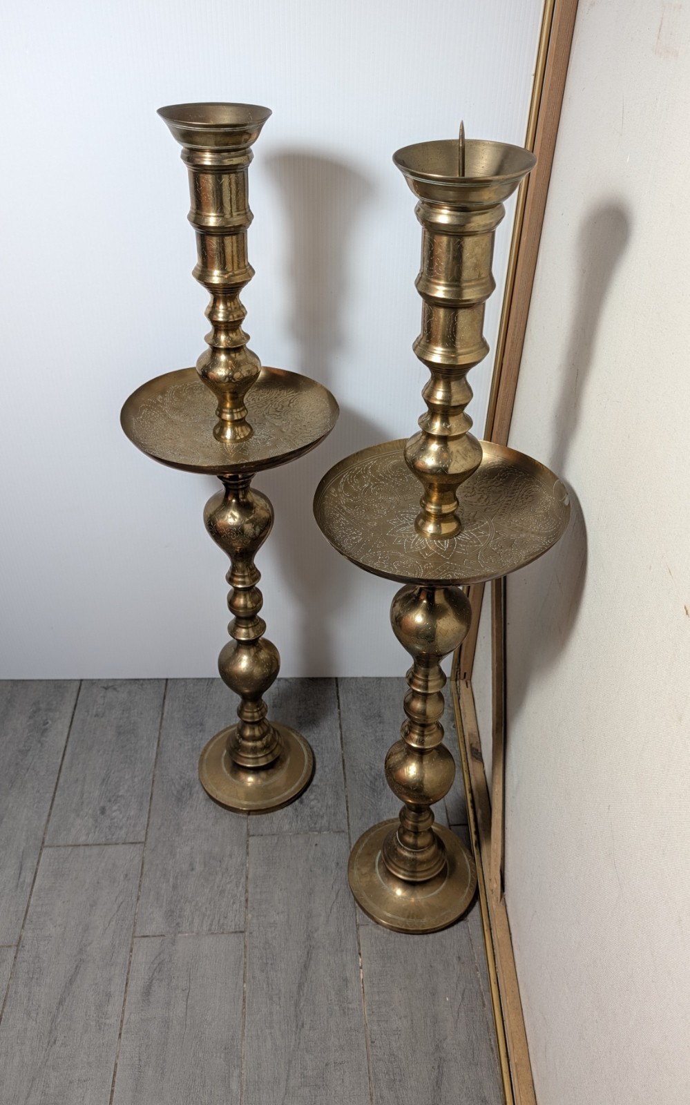 Vintage Pair Etched Brass Floor Candlesticks 38 Vintage Pair Etched Brass Floor Candlesticks 38