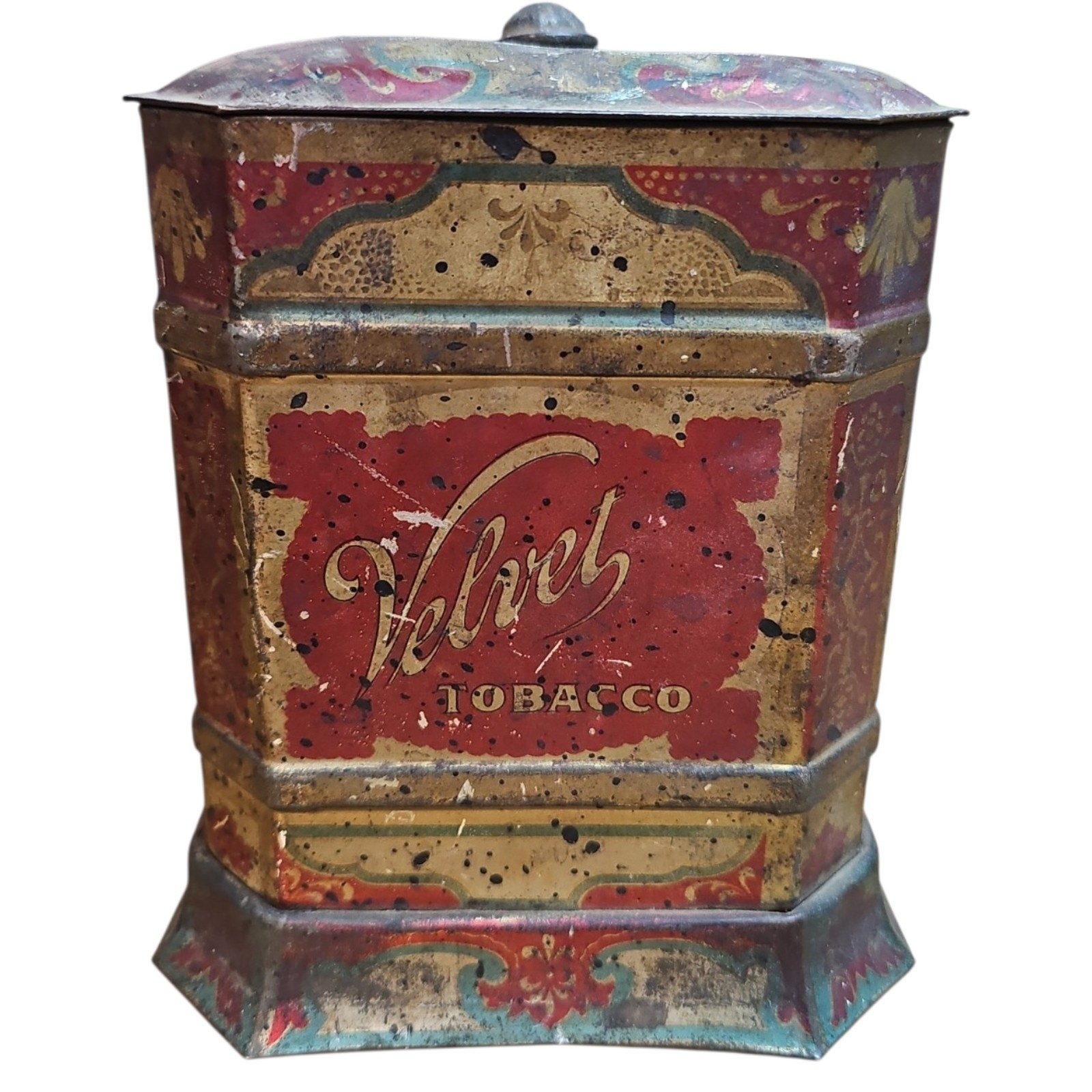 Antique Velvet Tobacco Tin Humidor Spaulding Merrick Chicago Octagon Metal Box