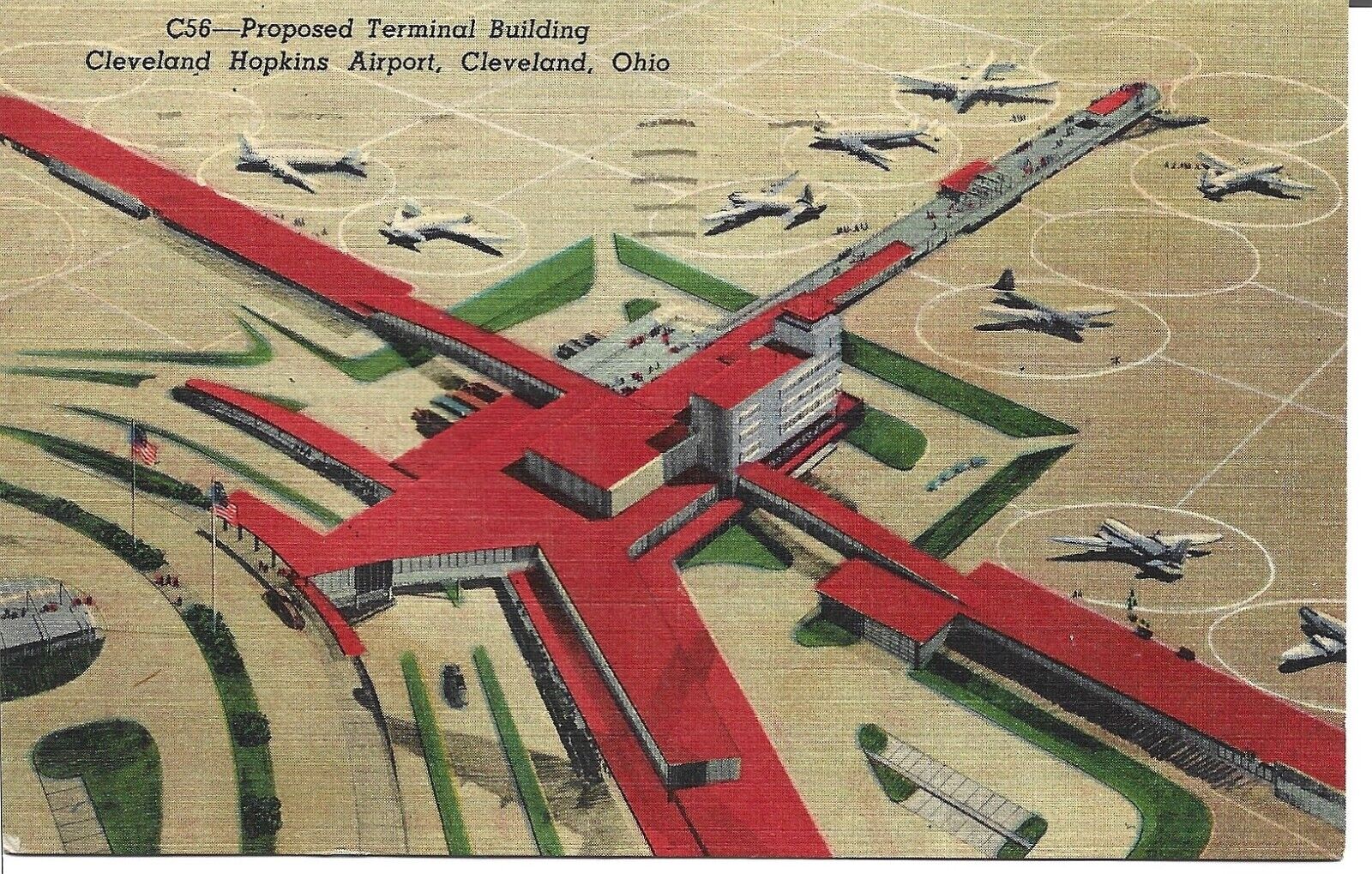1957 CLEVELAND OHIO LINEN POSTCARD PROPOSED TERMINAL HOPKINS AIRPORT POSTED VG