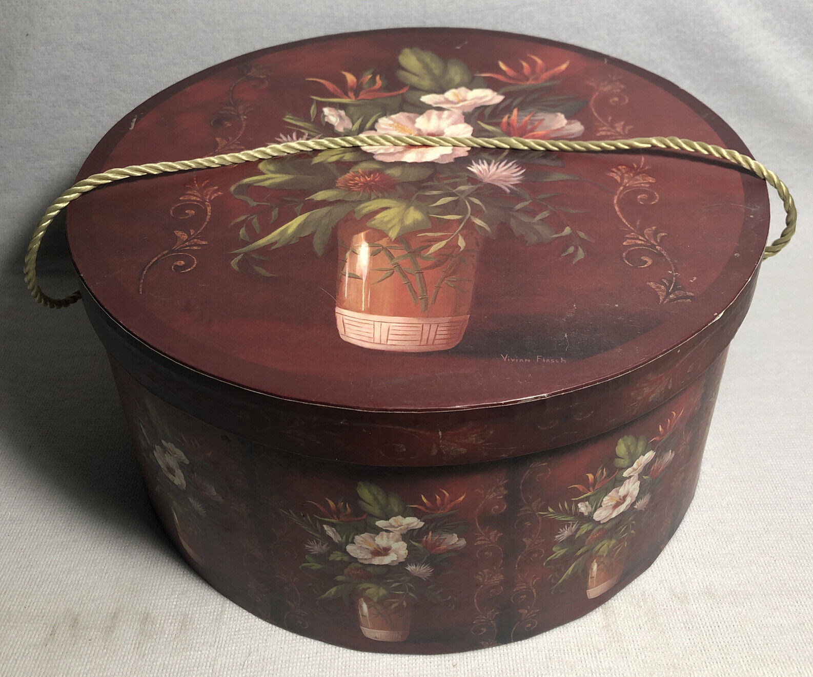 2005 The Lindy Bowman Company Vivian Finsch 12”x 5.75” Red Floral Hat Box
