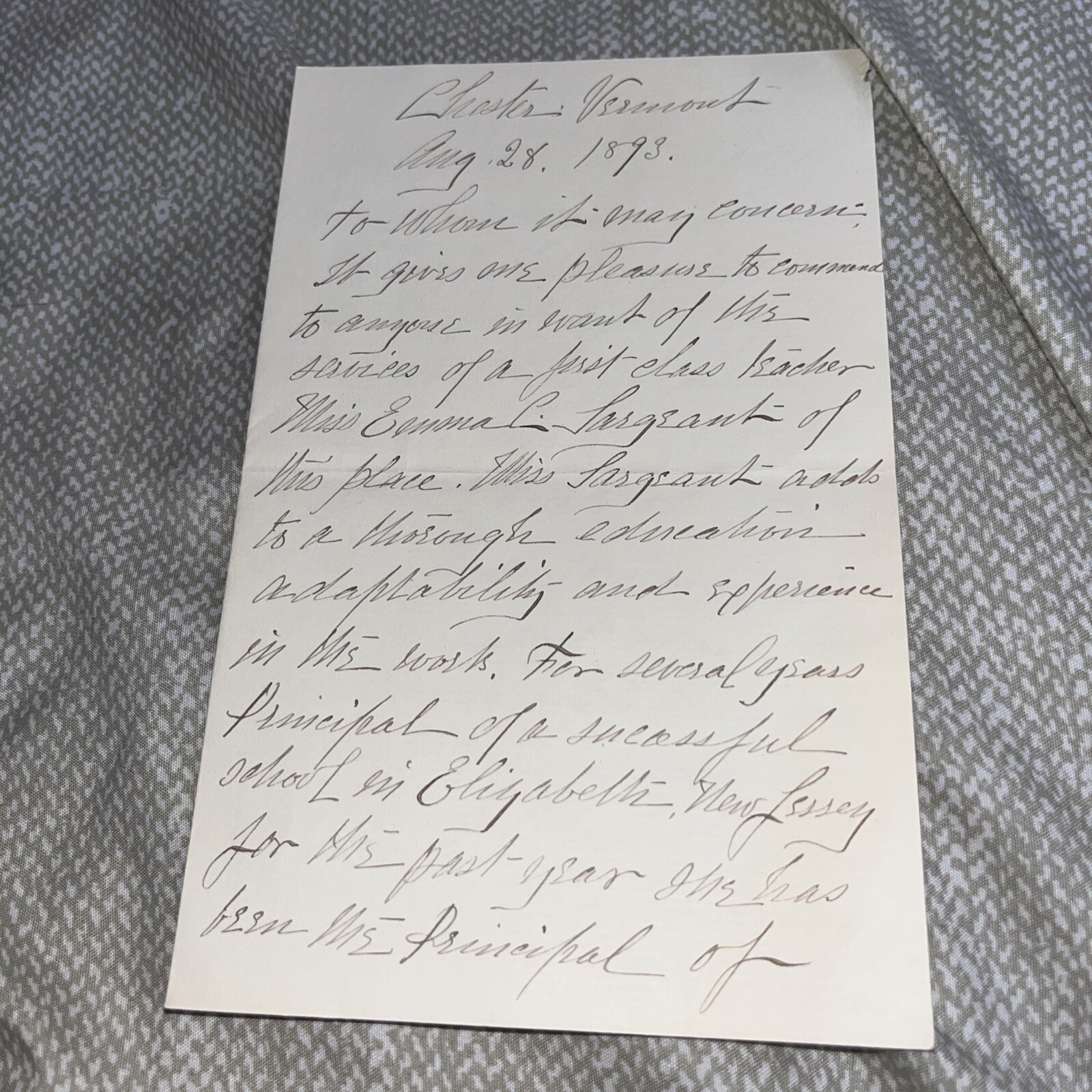 1893 Letter From Chester VT - Hugh Henry Civil War Lieutenant Vermont Volunteers