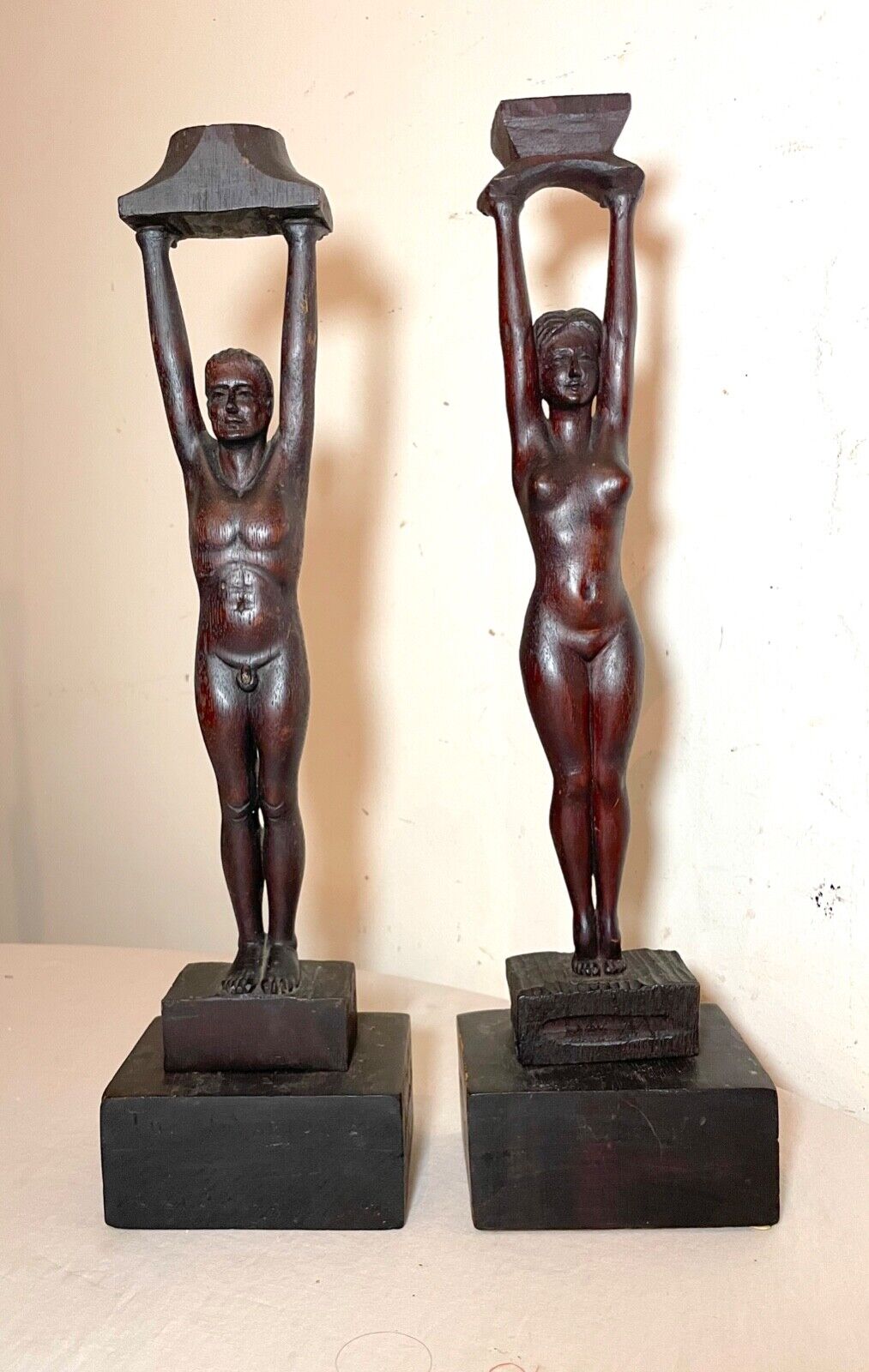 pair of antique carved Newcombe wood nude lady man sculpture candlestick statue