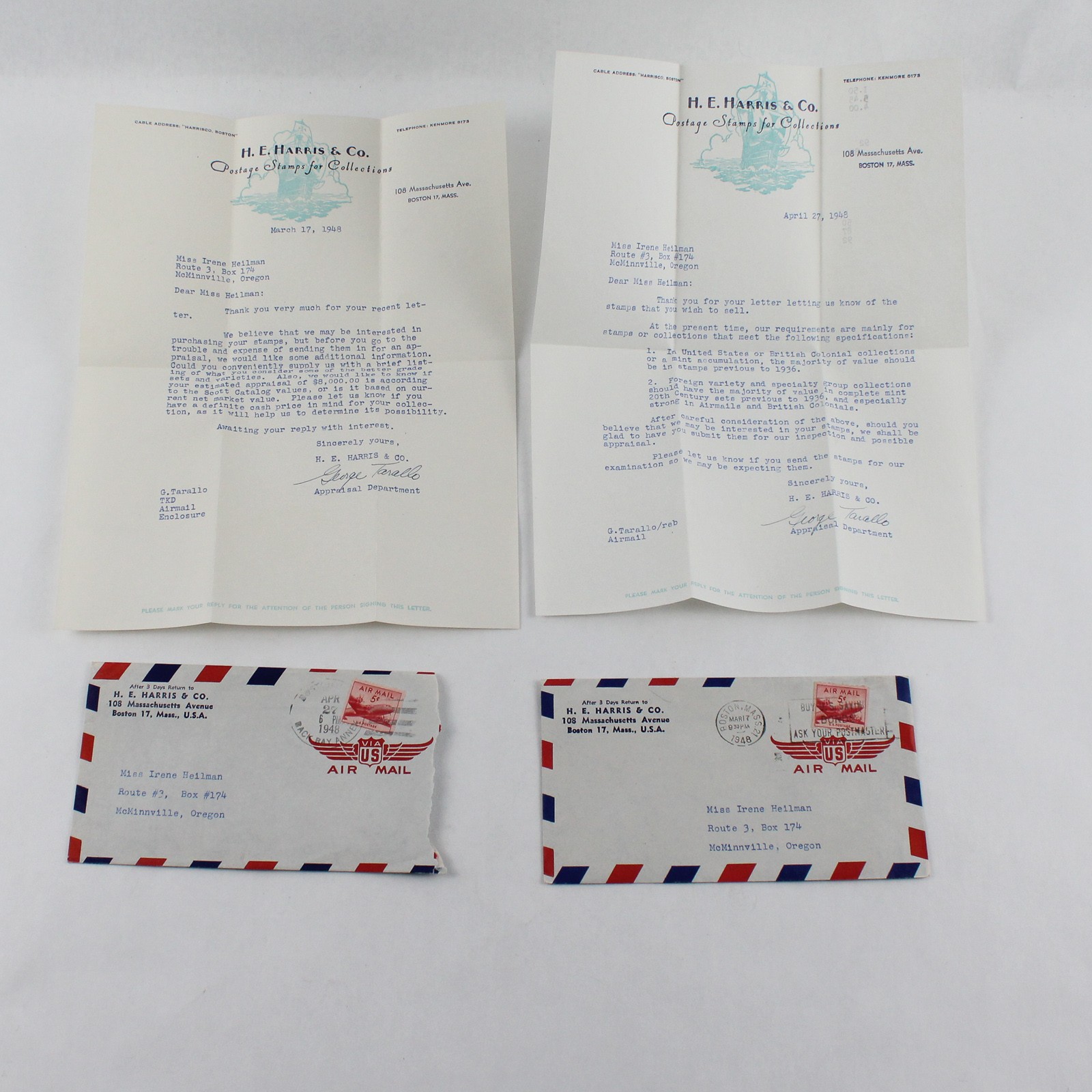 Set Of 2 1948 HE Harris & Co Stamp Collection Appraisal Correspondence Letters Set Of 2 1948 HE Harris & Co Stamp Collection Appraisal Correspondence Letters