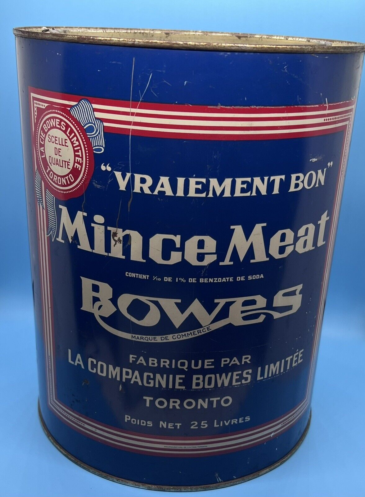 Vintage 25 Pound Bowes Minced Meat Tin
