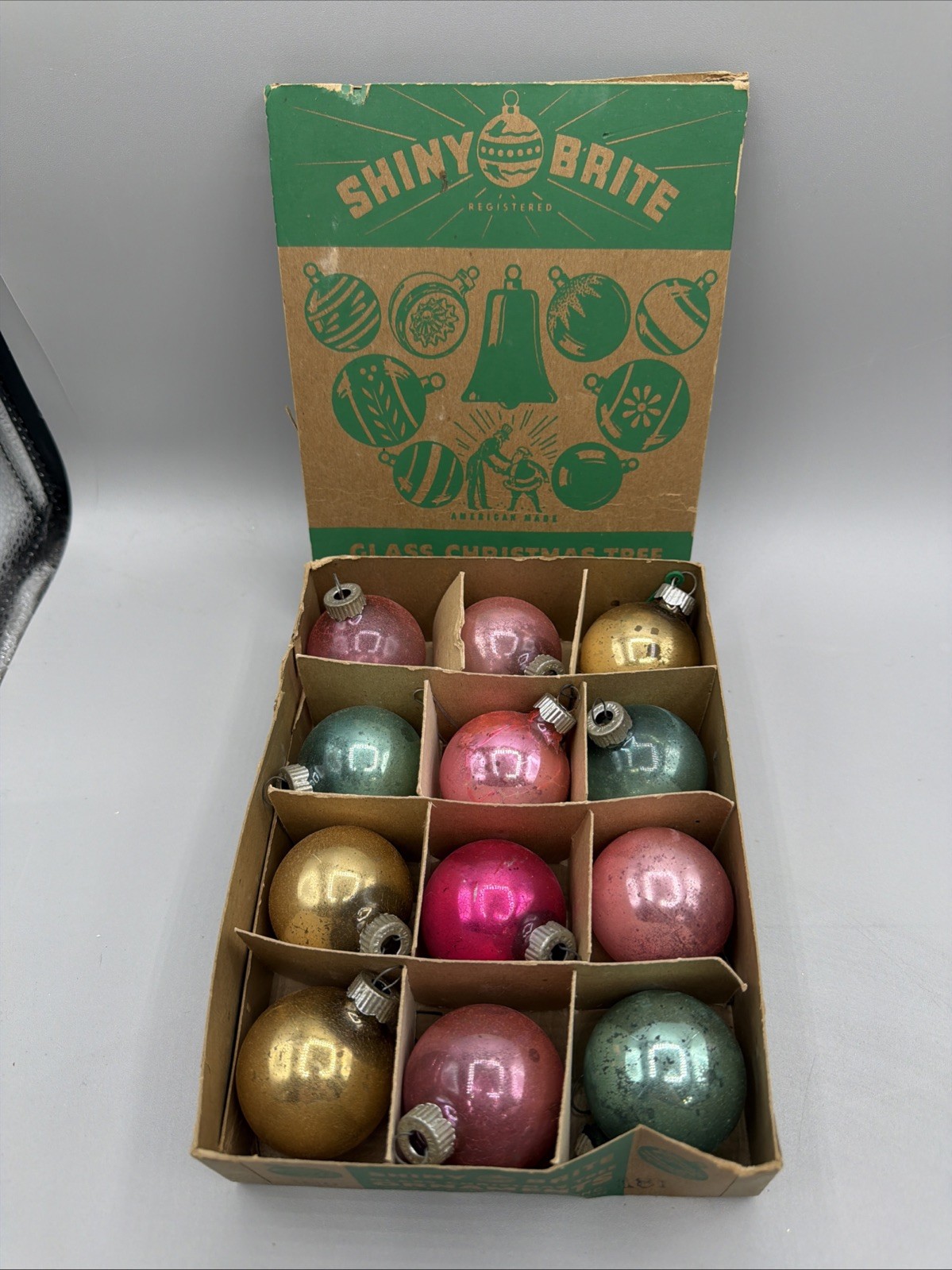 Small VTG Shiny Brite Box 12 Vintage Mercury Glass Christmas Ornaments USA Small VTG Shiny Brite Box 12 Vintage Mercury Glass Christmas Ornaments USA