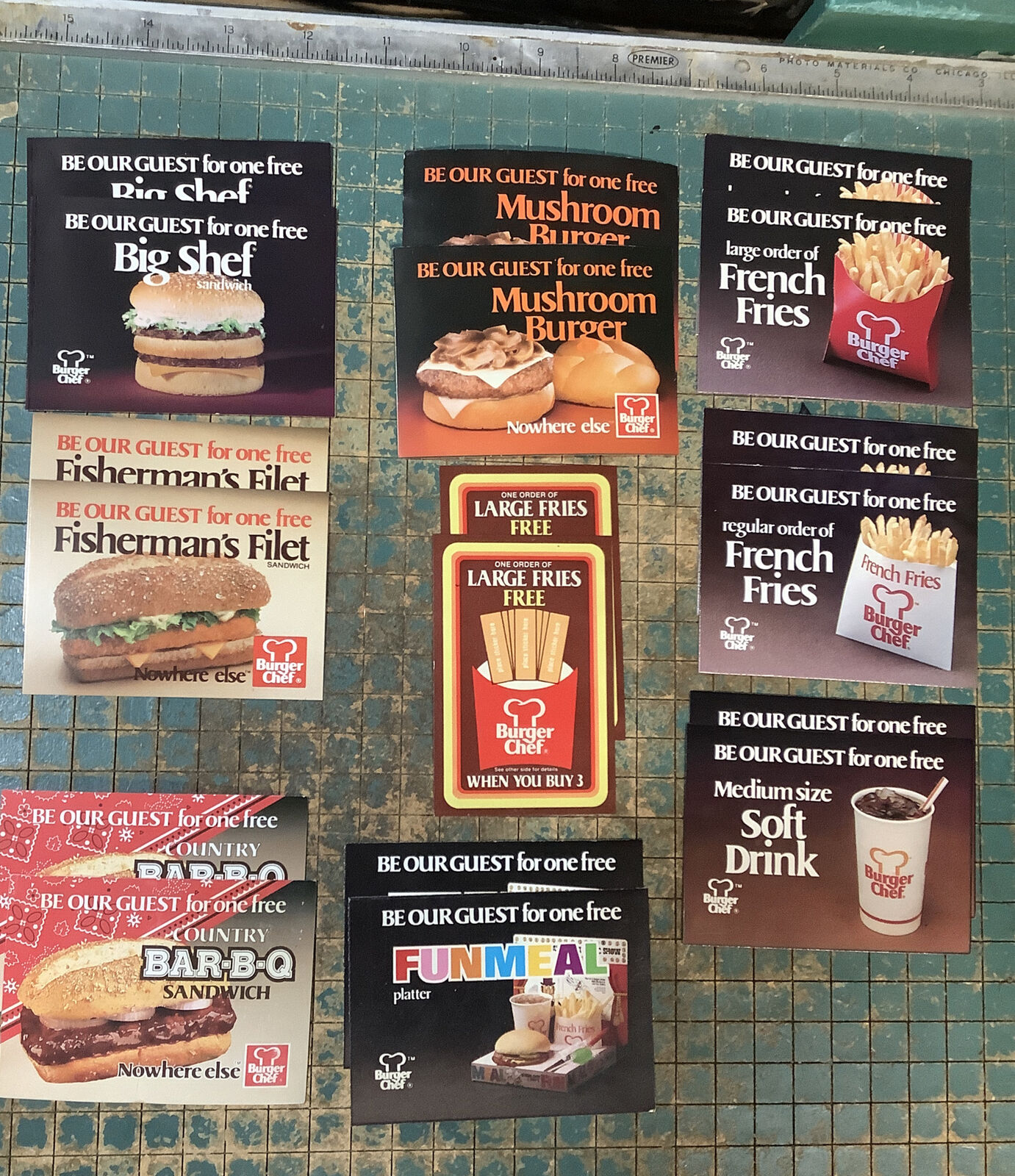 2 Sets Of 9 Different vintage burger chef free￼ 1970s/1980s Coupons INV AD19