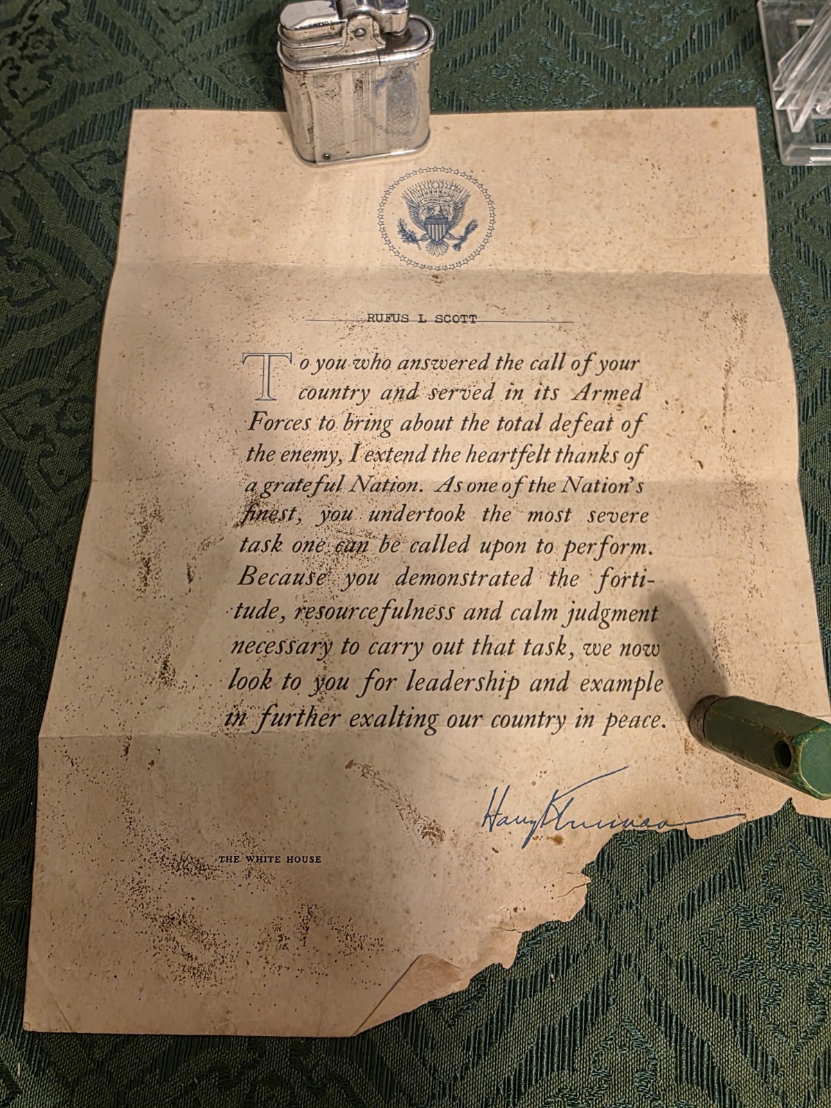 1945 President Harry Truman Signed WWII Armed Forces Service Victory Letter