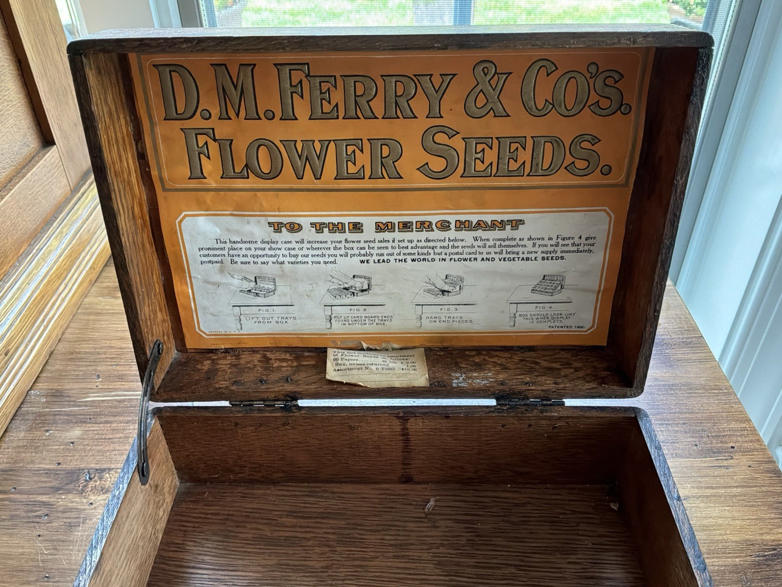 ANTIQUE D.M. FERRY & CO. WOODEN FLOWER SEED OAK BOX ADVERTISING STORE DISPLAY
