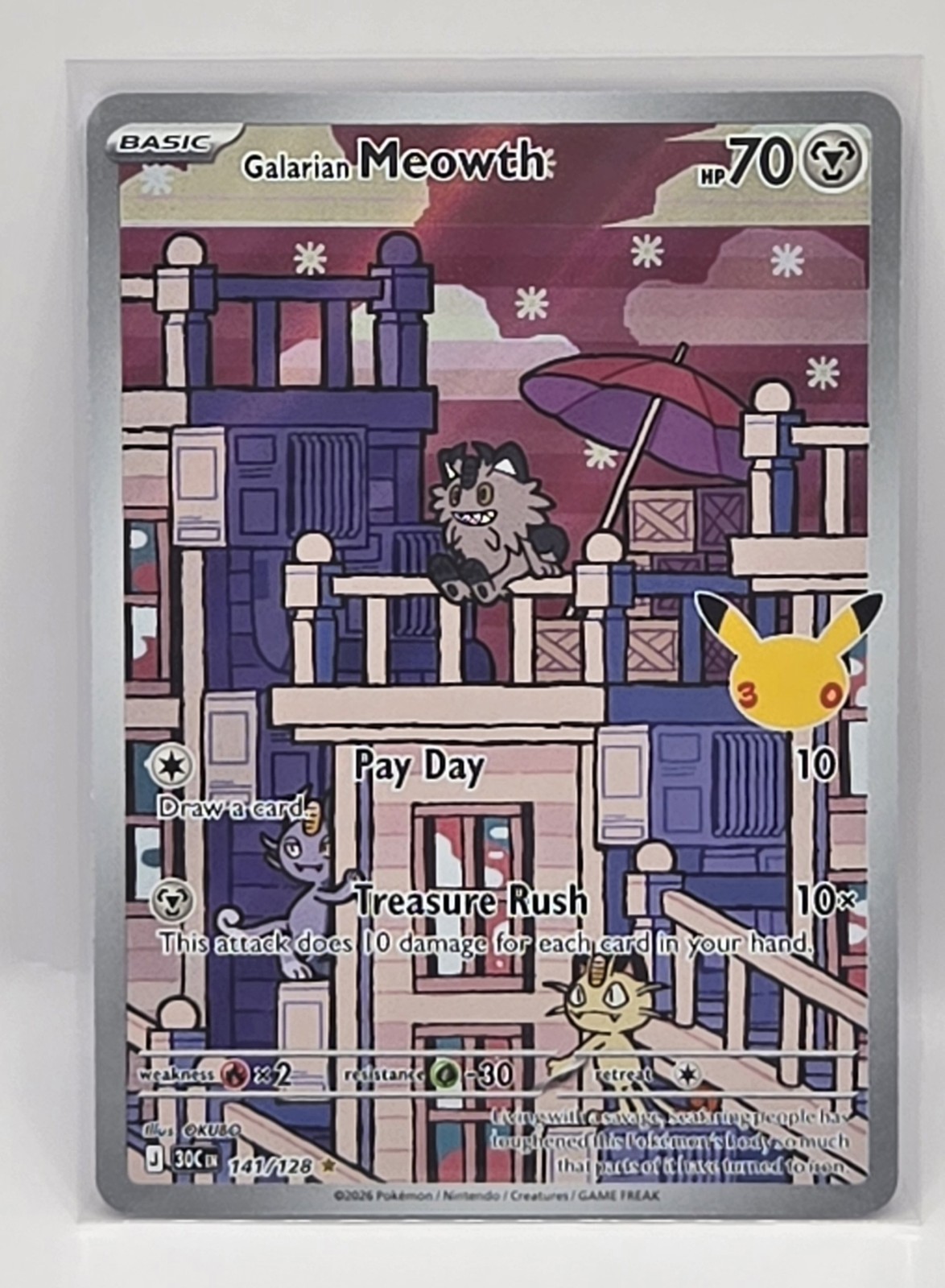 Pokemon 30th Anniversary Galarian Meowth 141/128 Illus Rare Holo Full Art Pokemon 30th Anniversary Galarian Meowth 141/128 Illus Rare Holo Full Art
