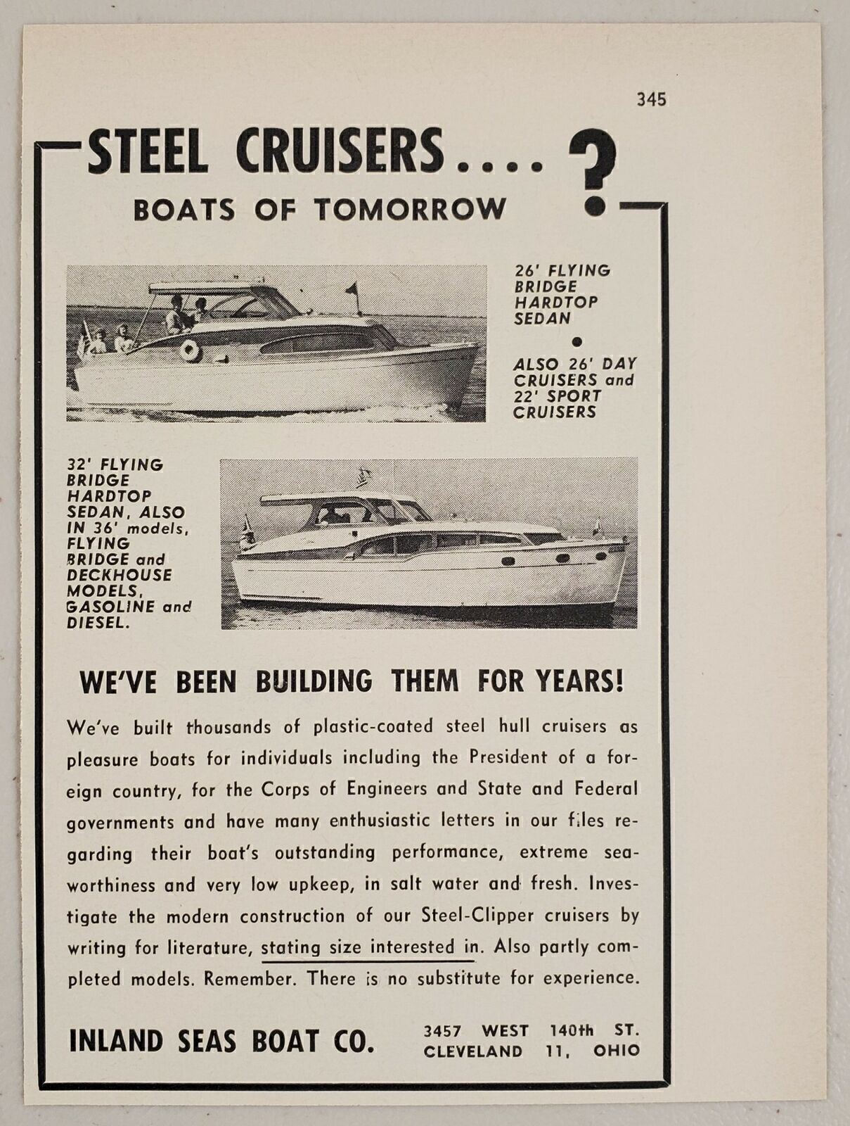 1956 Print Ad Inland Seas Steel Cruiser Boats 2 Models Cleveland,Ohio