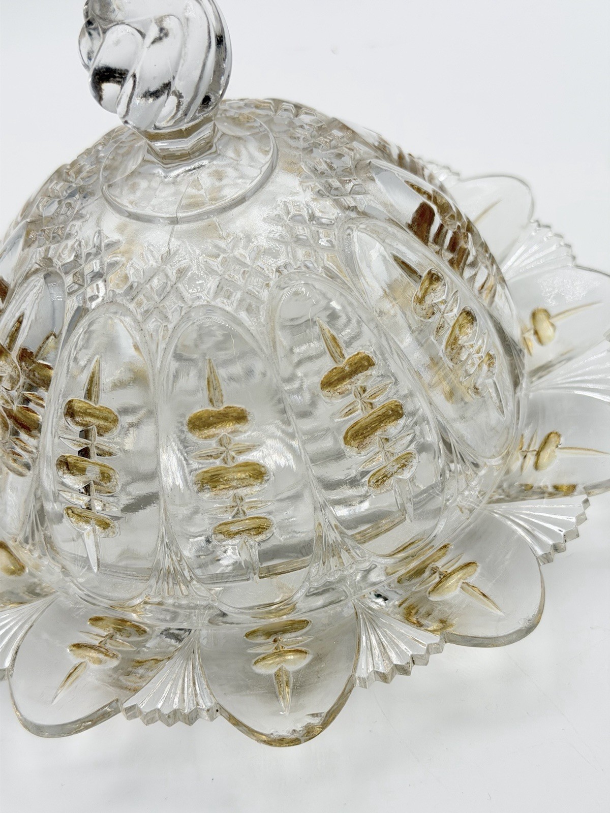 1896 EAPG Triple Thumbprint Covered Butter Dish Clear Glass w Gold Trim 1896 EAPG Triple Thumbprint Covered Butter Dish Clear Glass w Gold Trim
