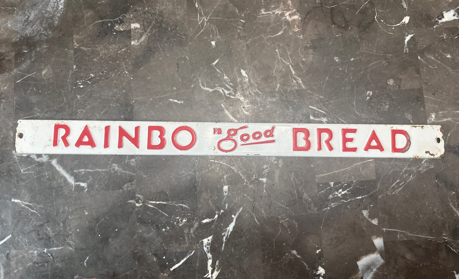 Rare Vintage RAINBO it’s good BREAD Metal Advertising Rack Shelf sign White Red Rare Vintage RAINBO it’s good BREAD Metal Advertising Rack Shelf sign White Red