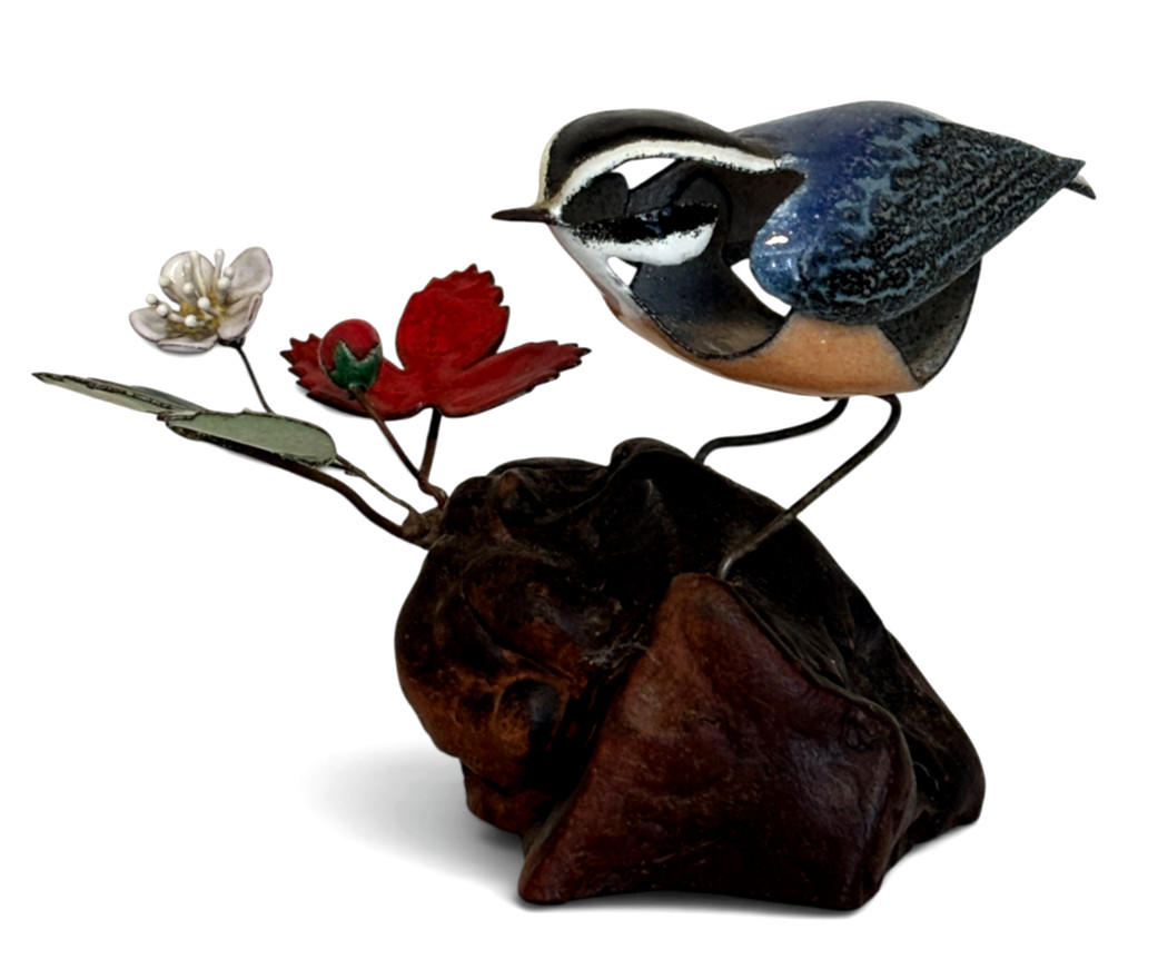 Norman Brumm Enamel on Copper on Burl Wood Bird Flower Sculpture Signed & Marked
