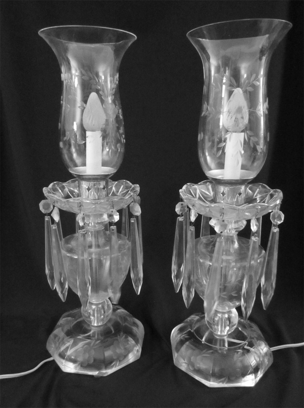 Vintage Pair Glass Hurricane Lamps 10 Crystal Prisms ea. Floral Design 18¾” EUC
