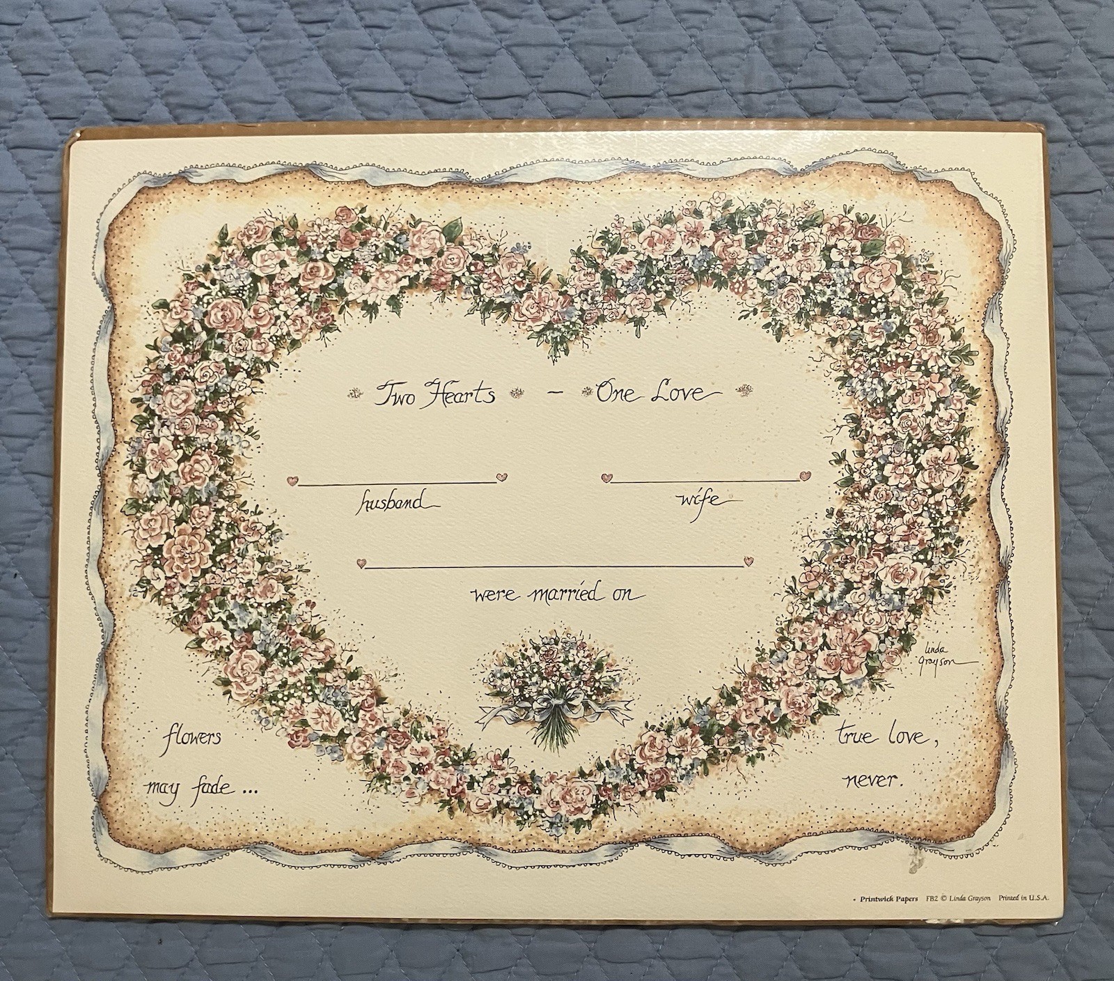 VINTAGE Marriage Certificate Blank Linda Grayson Folk Art Print 11x14 Two Hearts VINTAGE Marriage Certificate Blank Linda Grayson Folk Art Print 11x14 Two Hearts