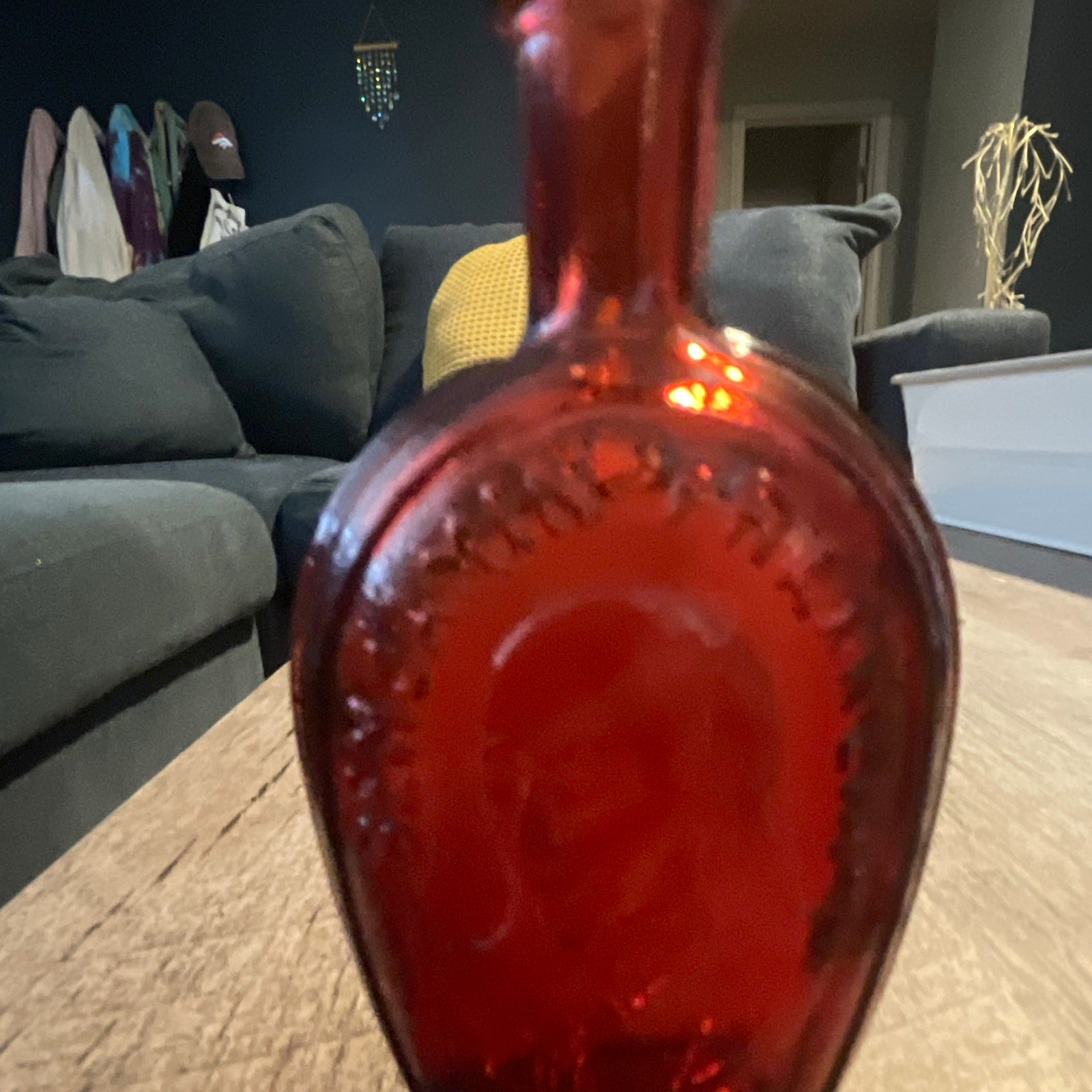 Red Glass Miniature Bottle Lot of 2, Embossed Portrait/Lettering \ Red Glass Miniature Bottle Lot of 2, Embossed Portrait/Lettering \