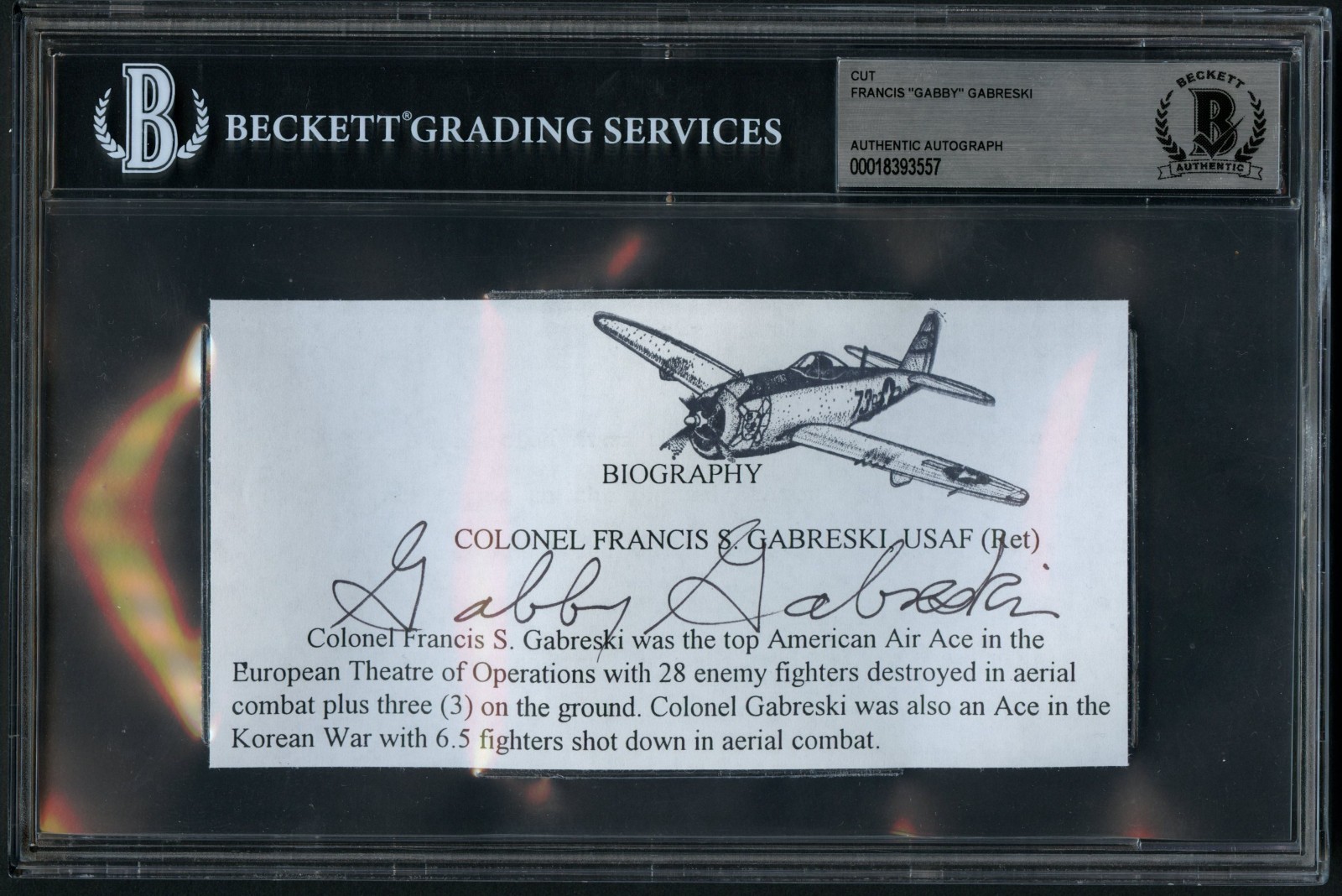 Francis Gabby Gabreski d2002 signed autograph 3x6 Cut WWII Fighter Ace BAS Slab Francis Gabby Gabreski d2002 signed autograph 3x6 Cut WWII Fighter Ace BAS Slab