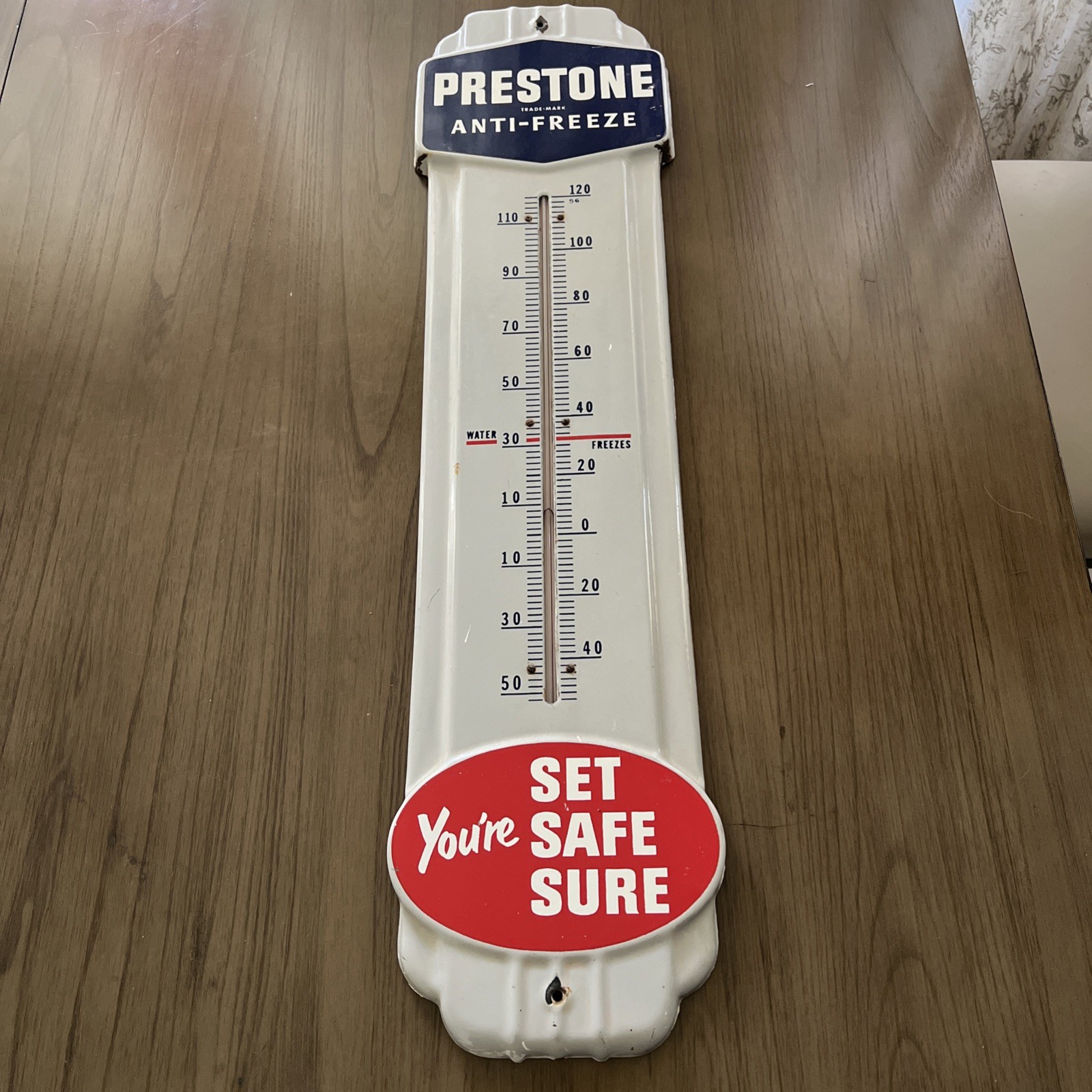 VINTAGE ORIGINAL 1950's PRESTONE ANTI-FREEZE PORCELAIN THERMOMETER SIGN 36 x 9