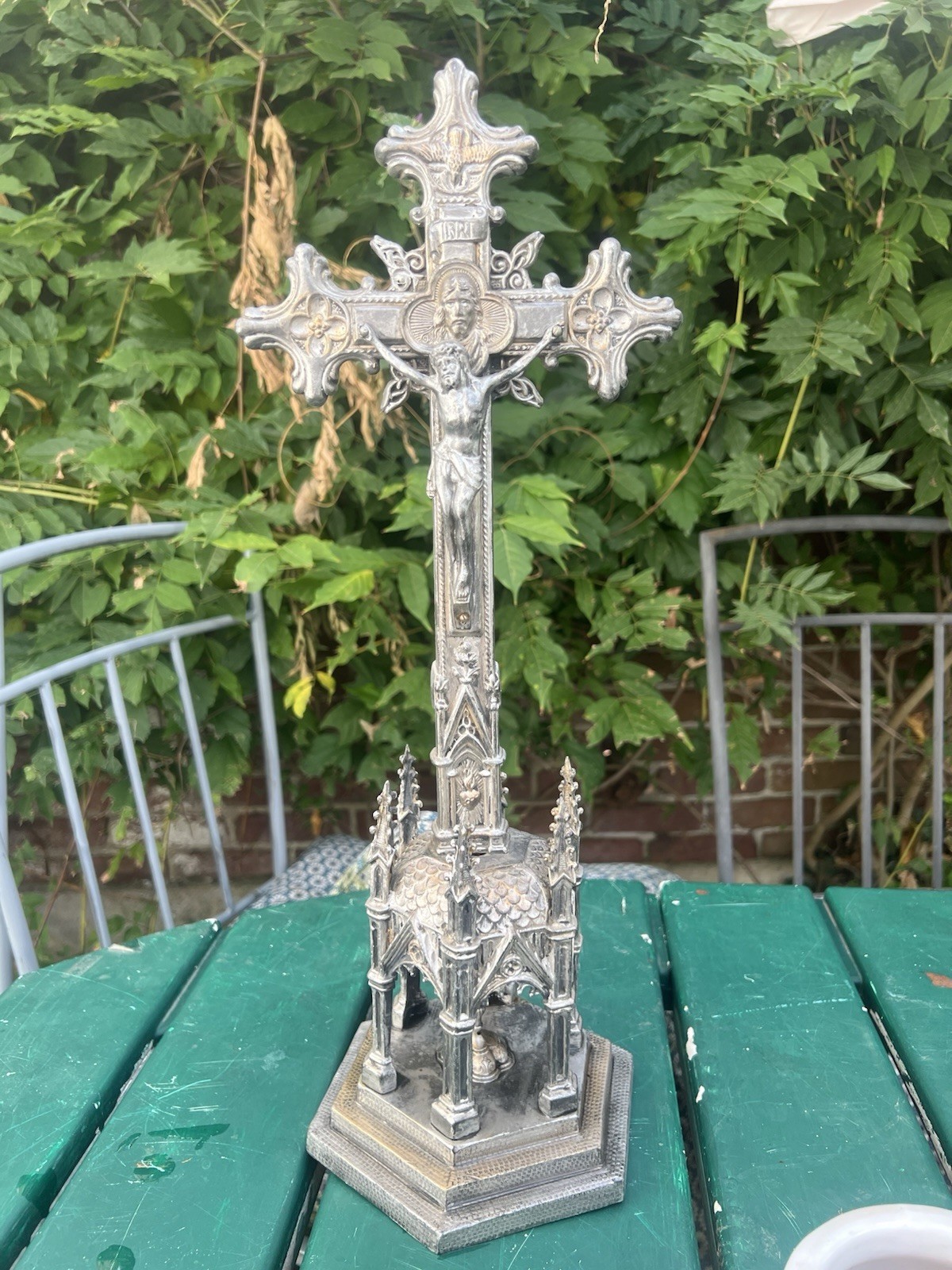 Antique French Crucifix cross Freestanding Silver Gothic Altar 15” Church Heavy