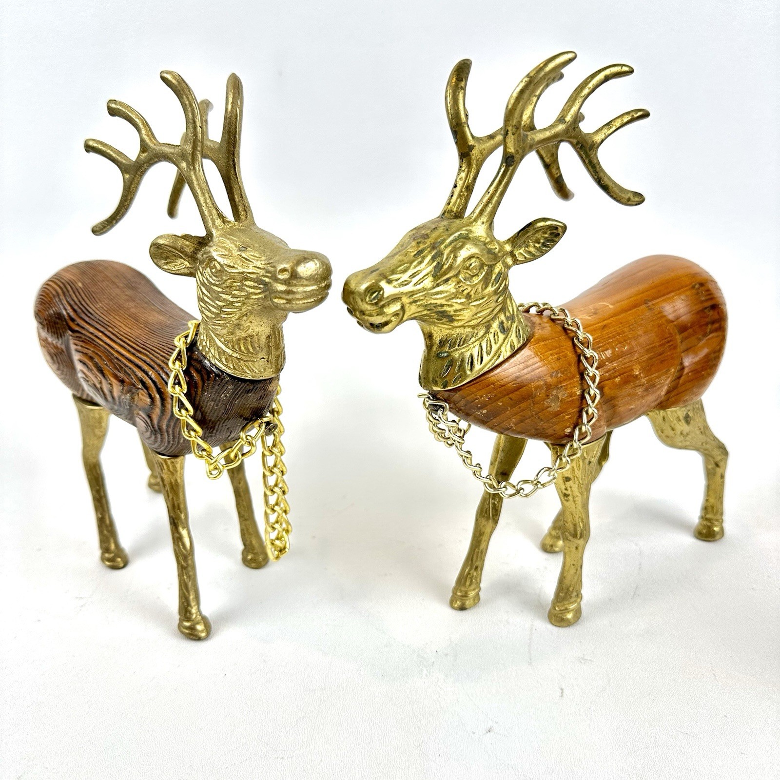 Vintage Brass Hand Carved Wood Reindeer Caribou Christmas Core Man Cave Rudolph.