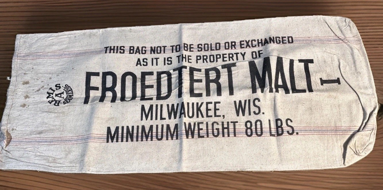 Vintage FROEDTERT  MALT MILWAUKEE WIS 80 lbs BEMIS Canvas Heavy Cloth empty sack